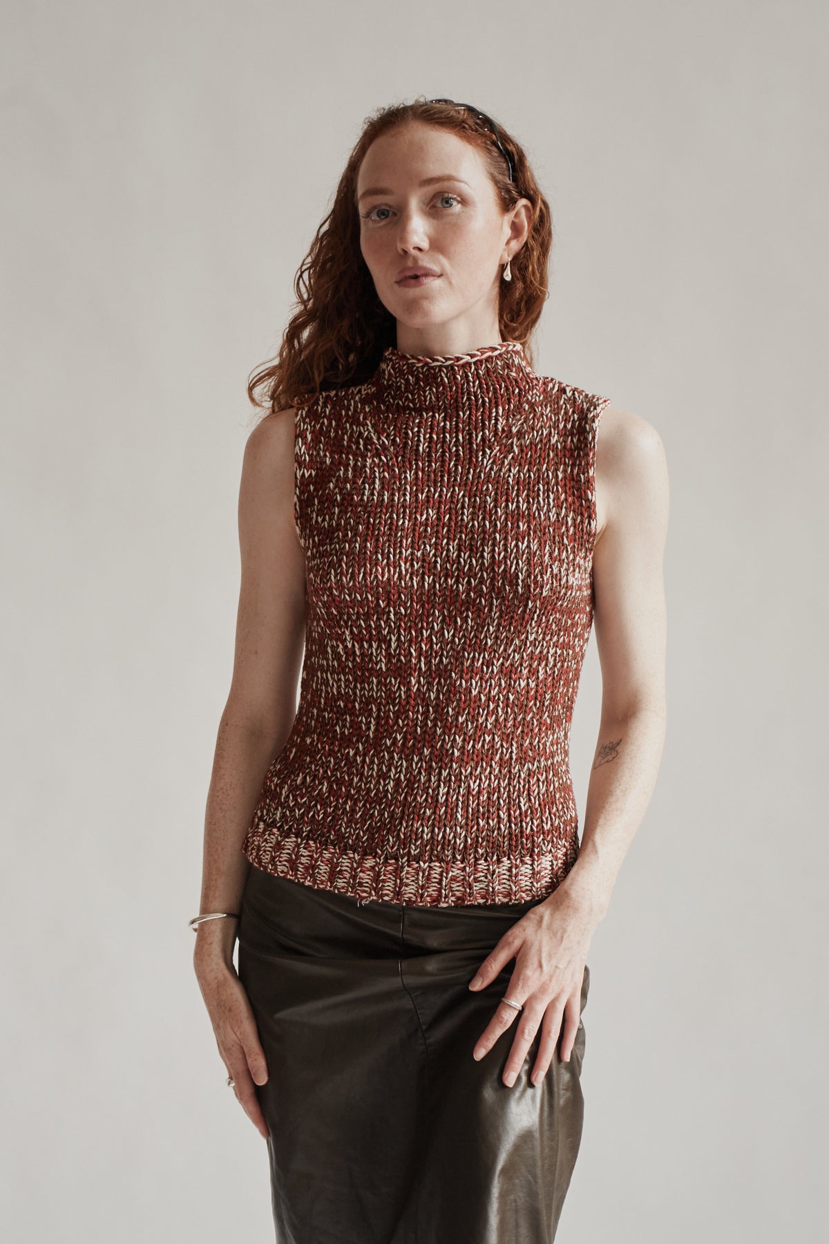 Red Marled Cotton Loose Knit Mockneck