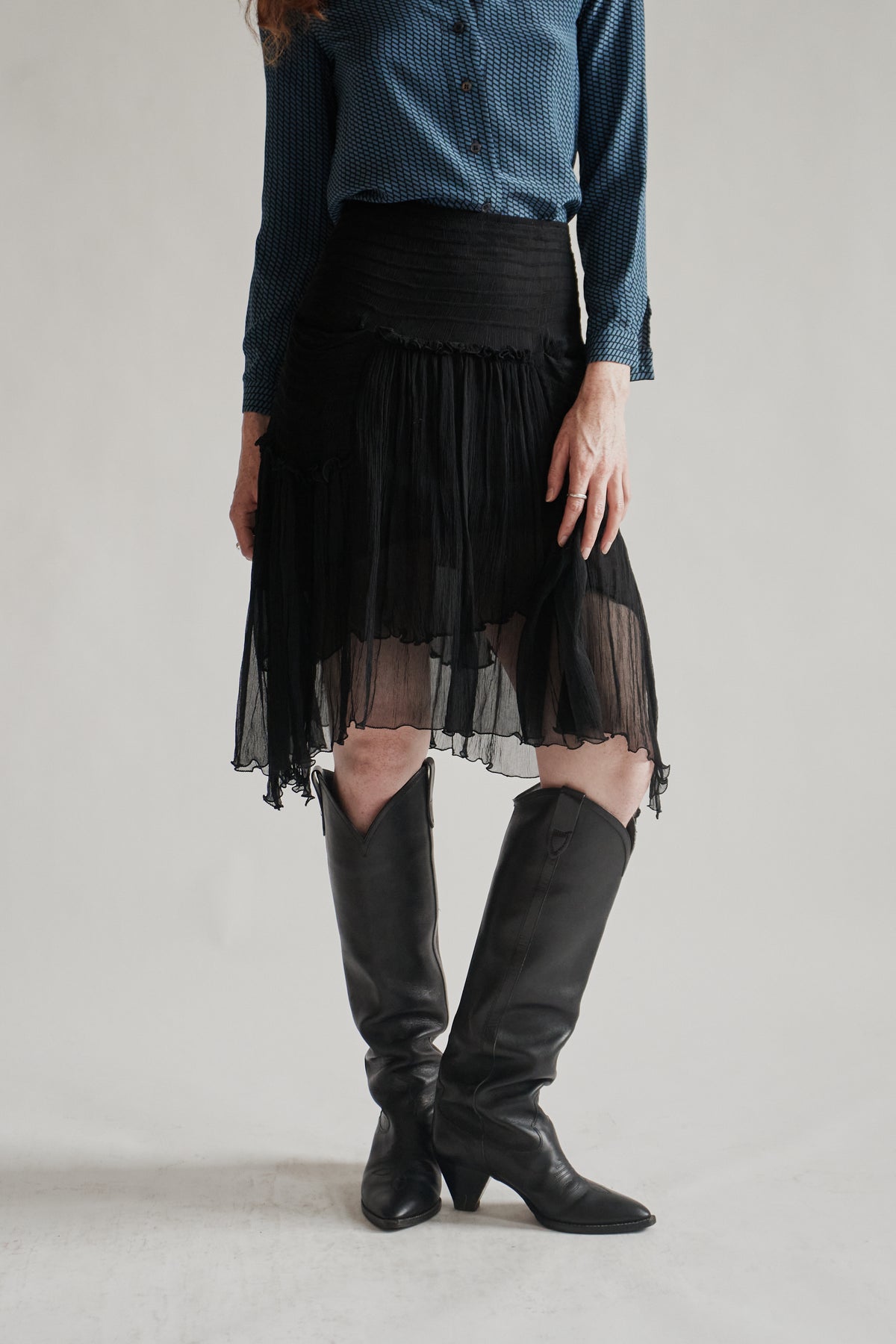 Ink Silk Sheer Plisse Midi Skirt