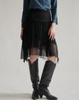 Ink Silk Sheer Plisse Midi Skirt