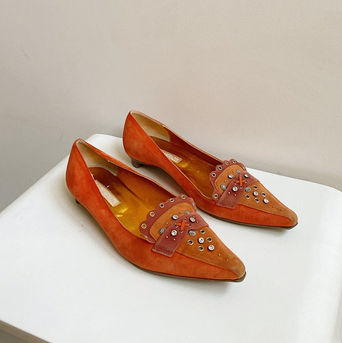 Pumpkin Suede Pointed Rhinestone Flats | size 8-8.5