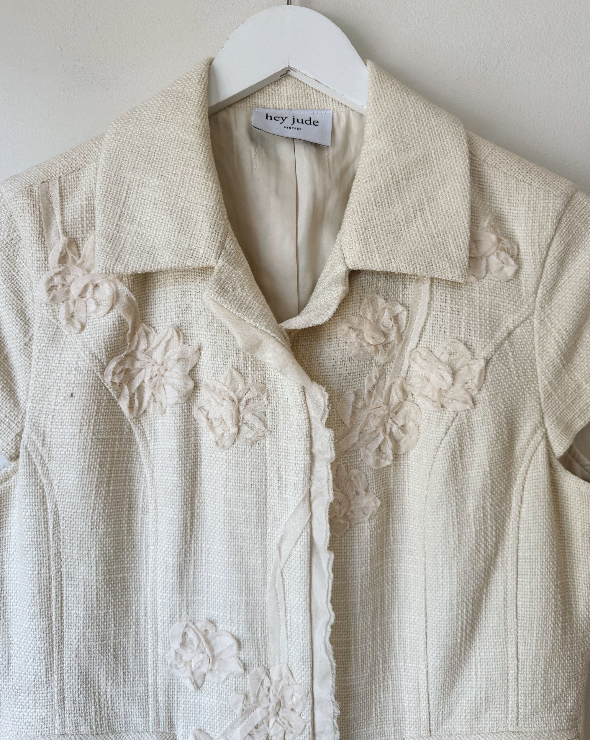 Cream Floral Applique Short Sleeve Jacket - Hey Jude