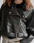 Black Lamb Leather Cropped Moto Jacket