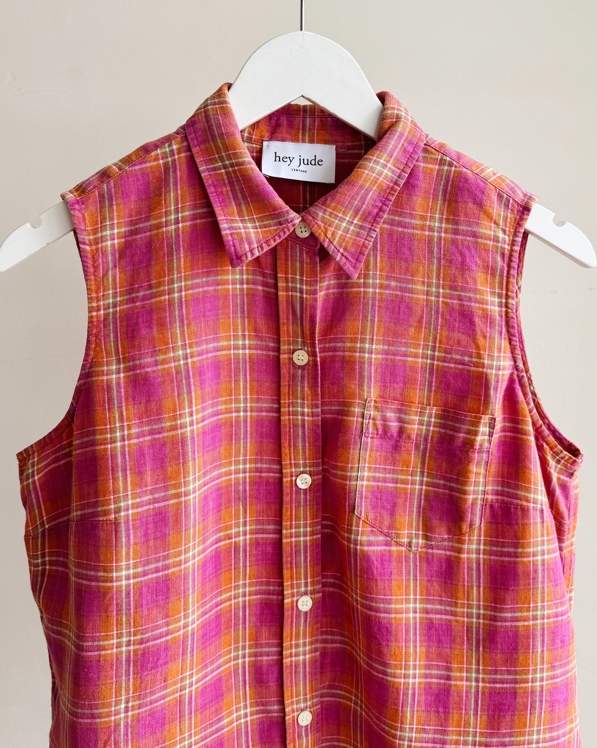 Fuchsia Plaid Linen Button Up