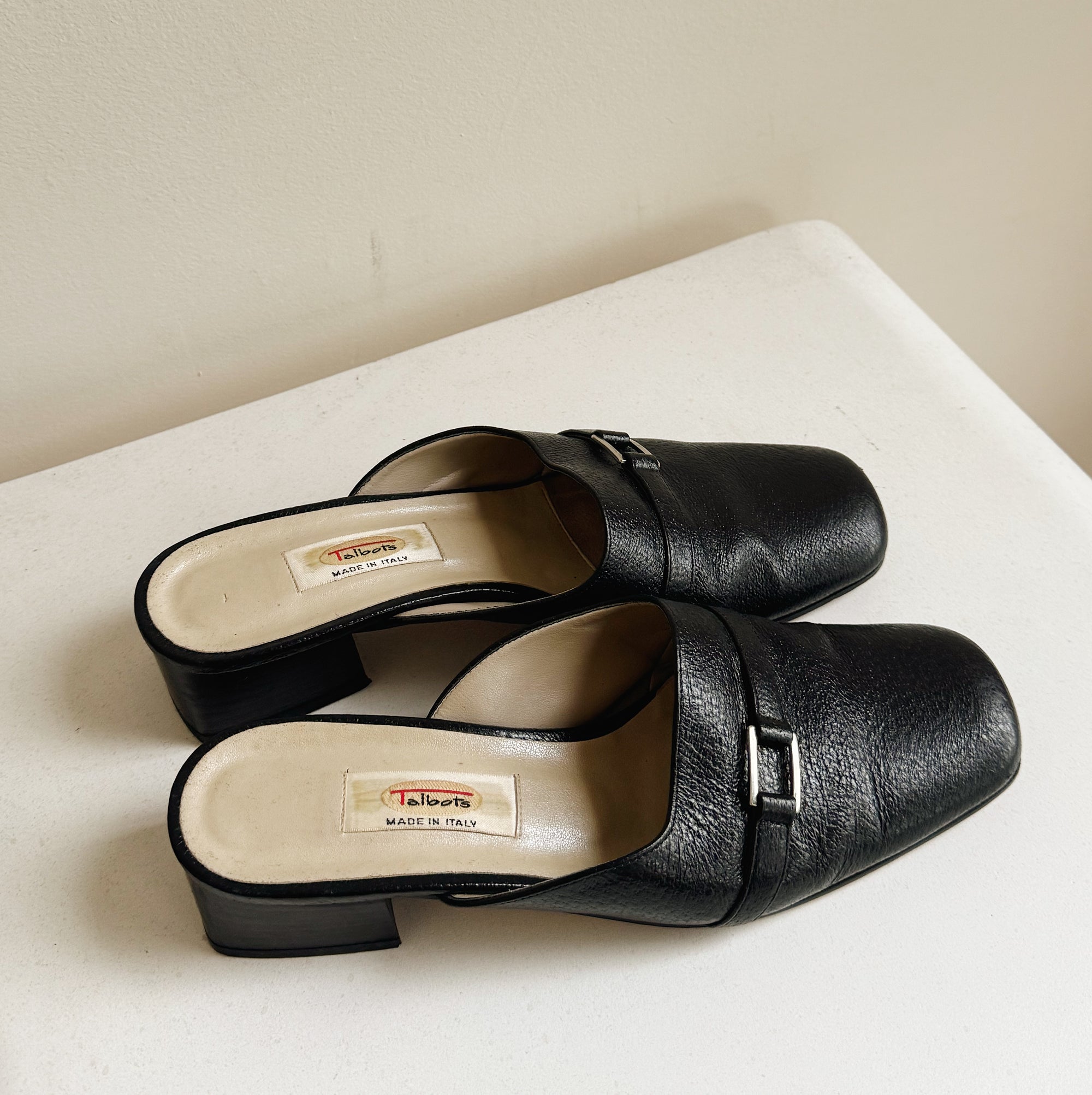 Black Leather Buckle Mules | Size 7