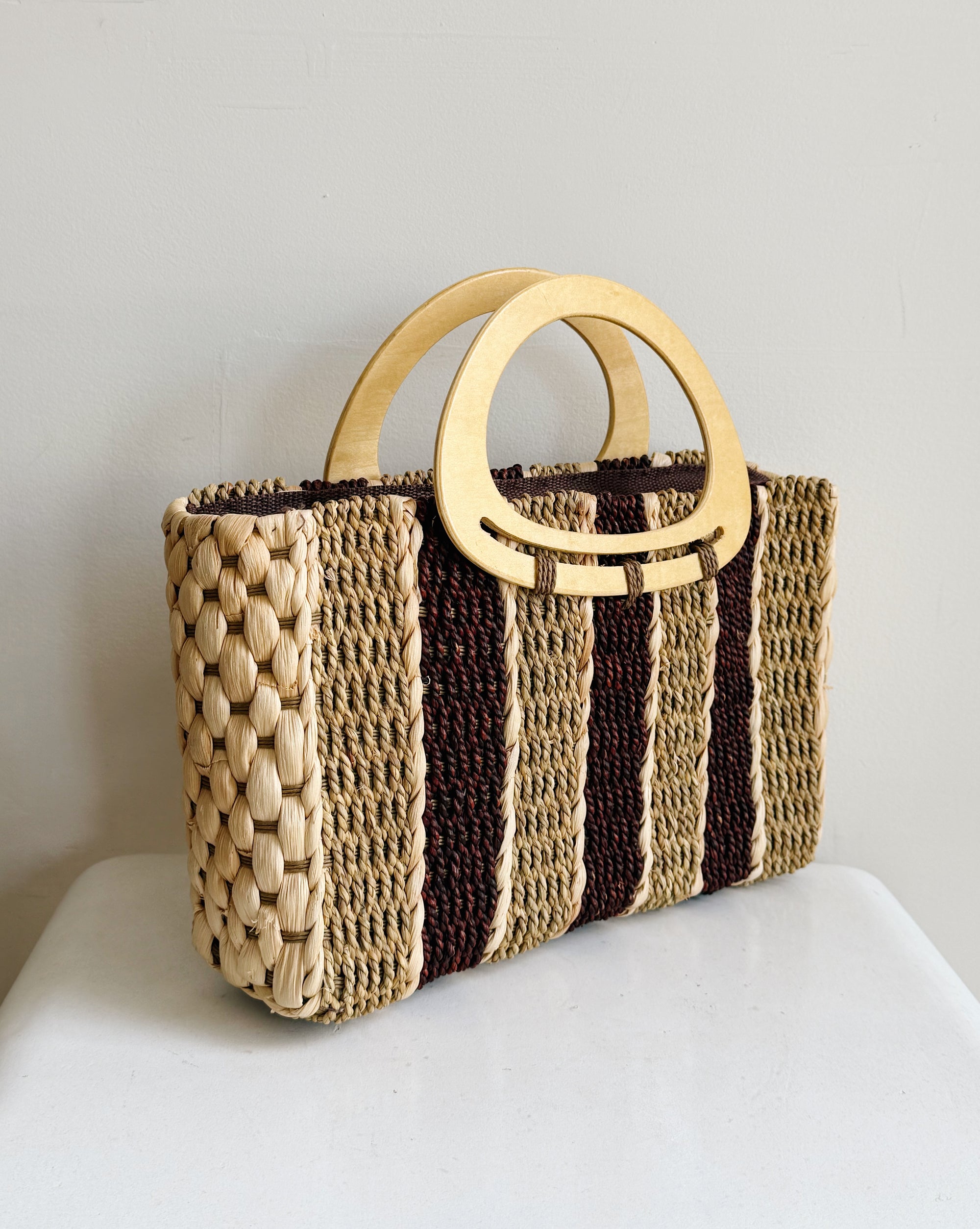 Burgundy Striped Woven Straw Handbag