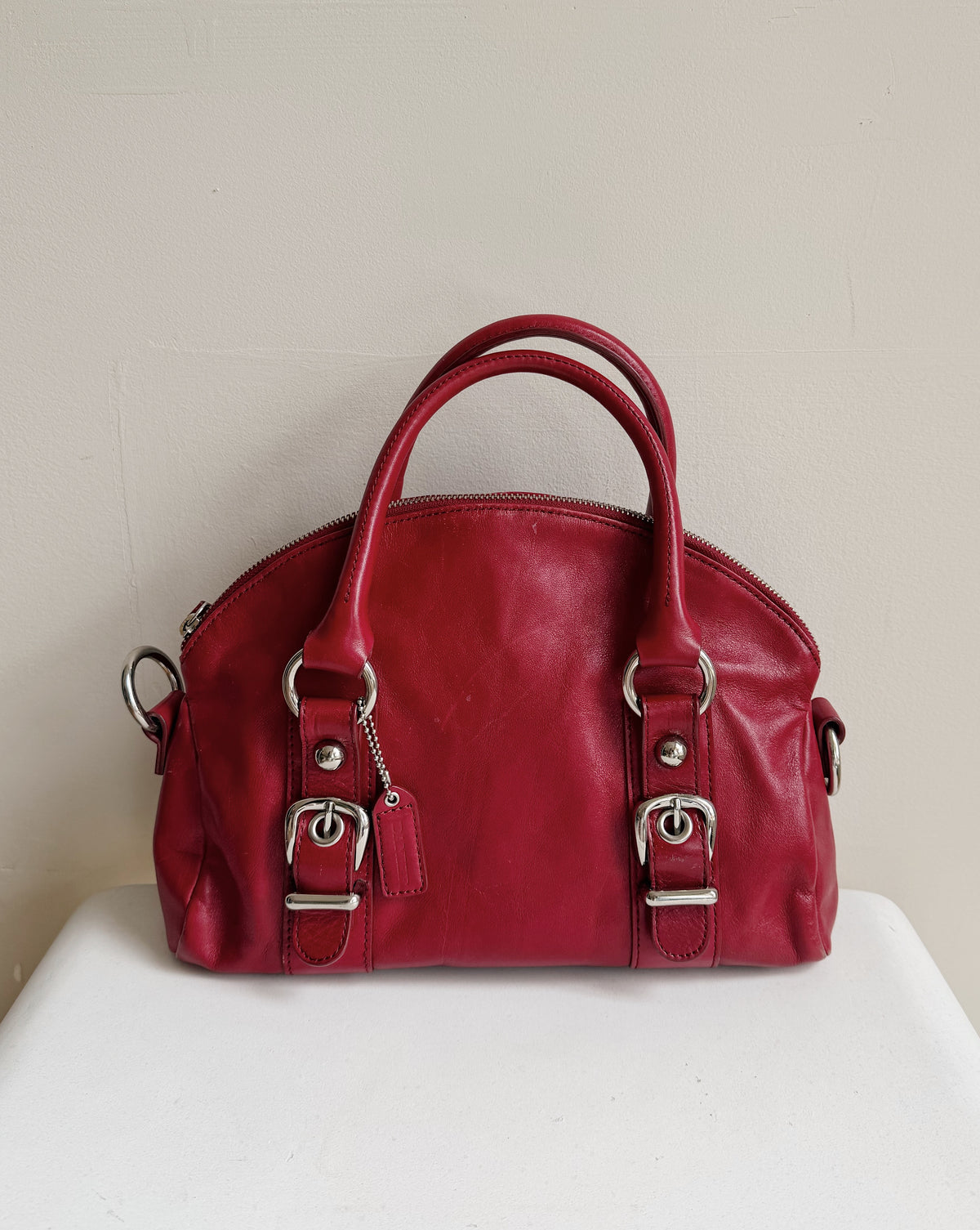 Red Buckle Detail Leather Bowler Bag