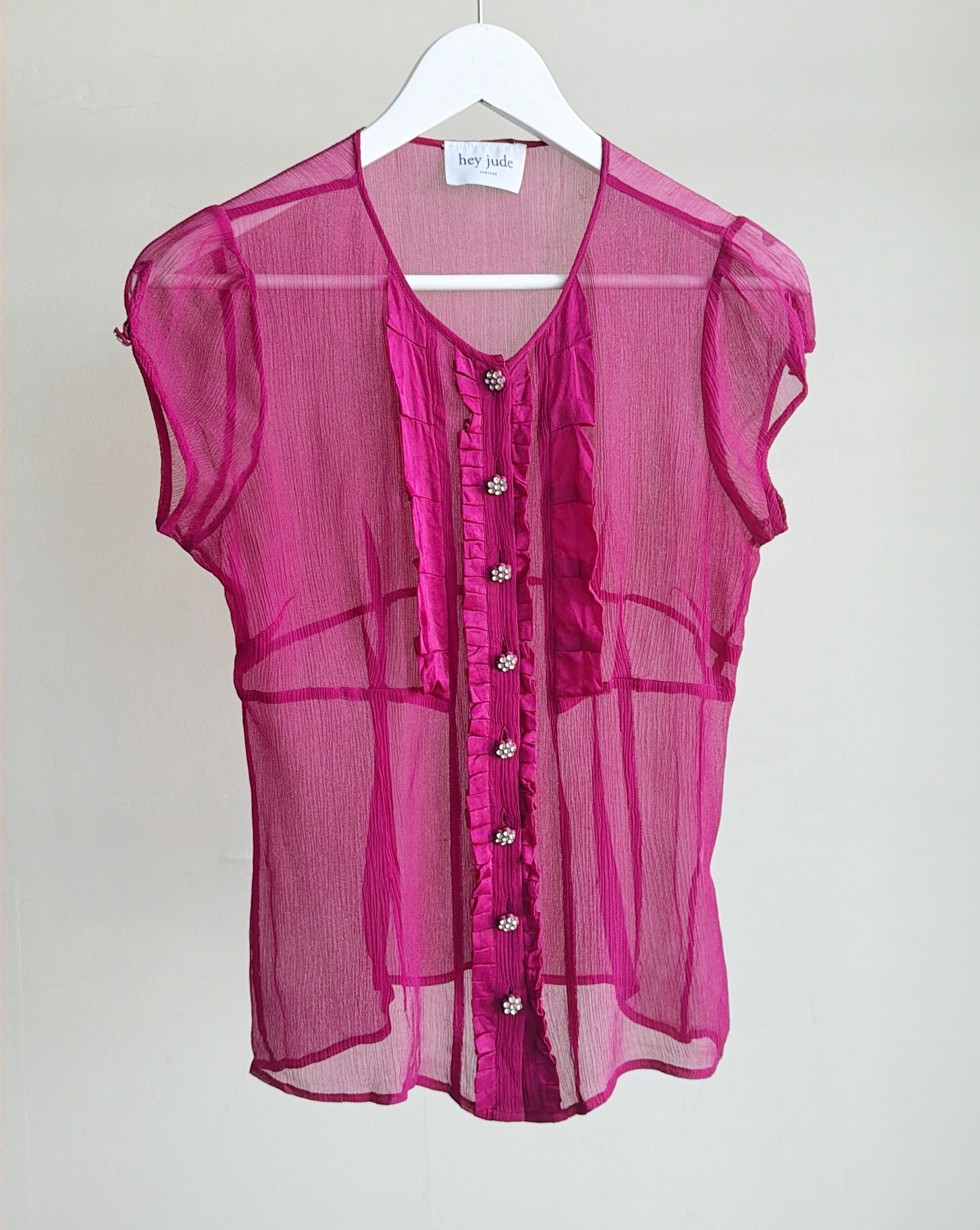Berry Y2K Sheer Silk Ruffle Blouse