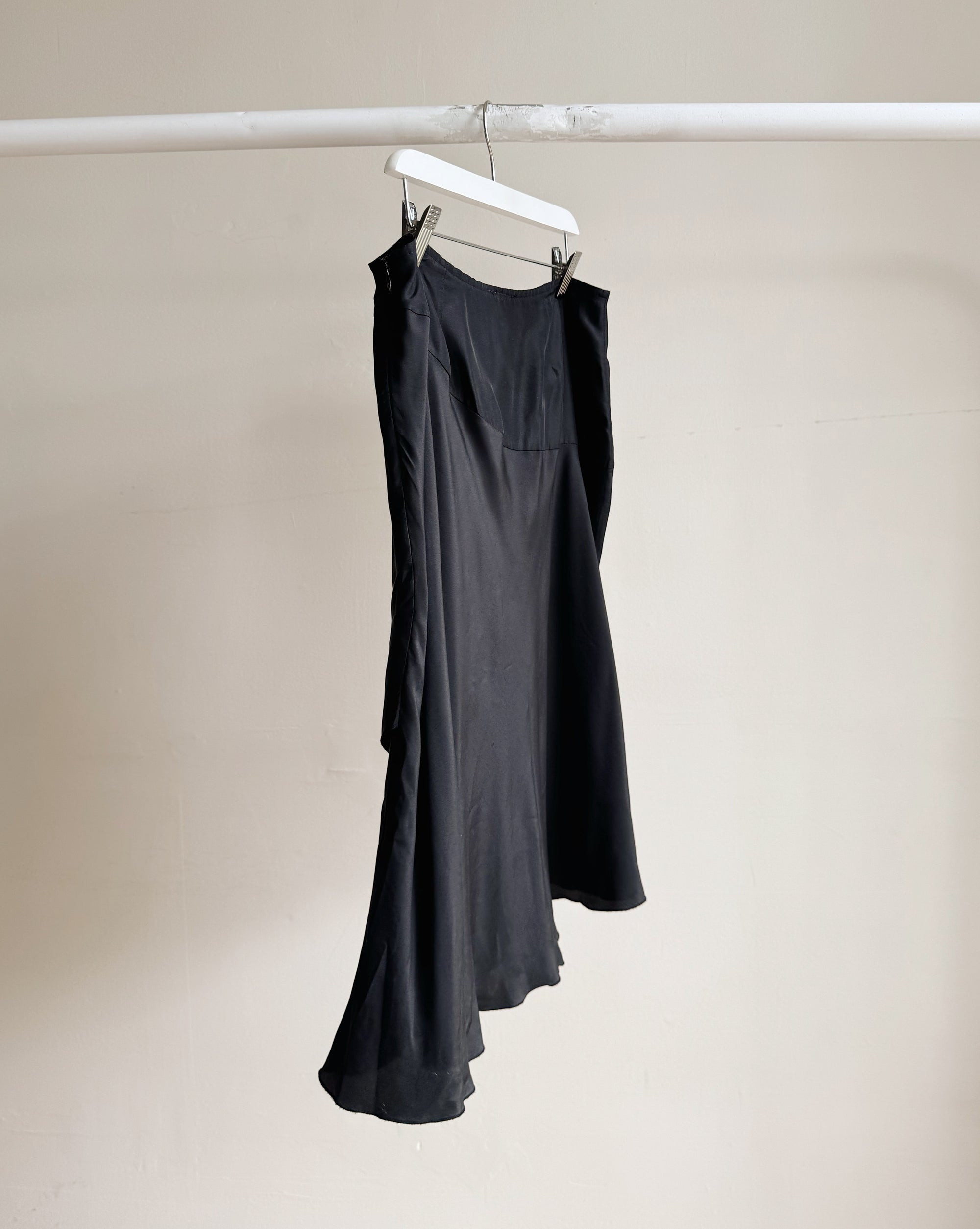 Black Silk Bias Cut Midi Skirt