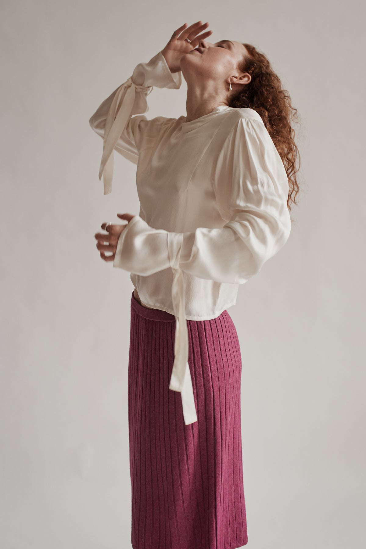 Ivory Draped Silk Tie Blouse