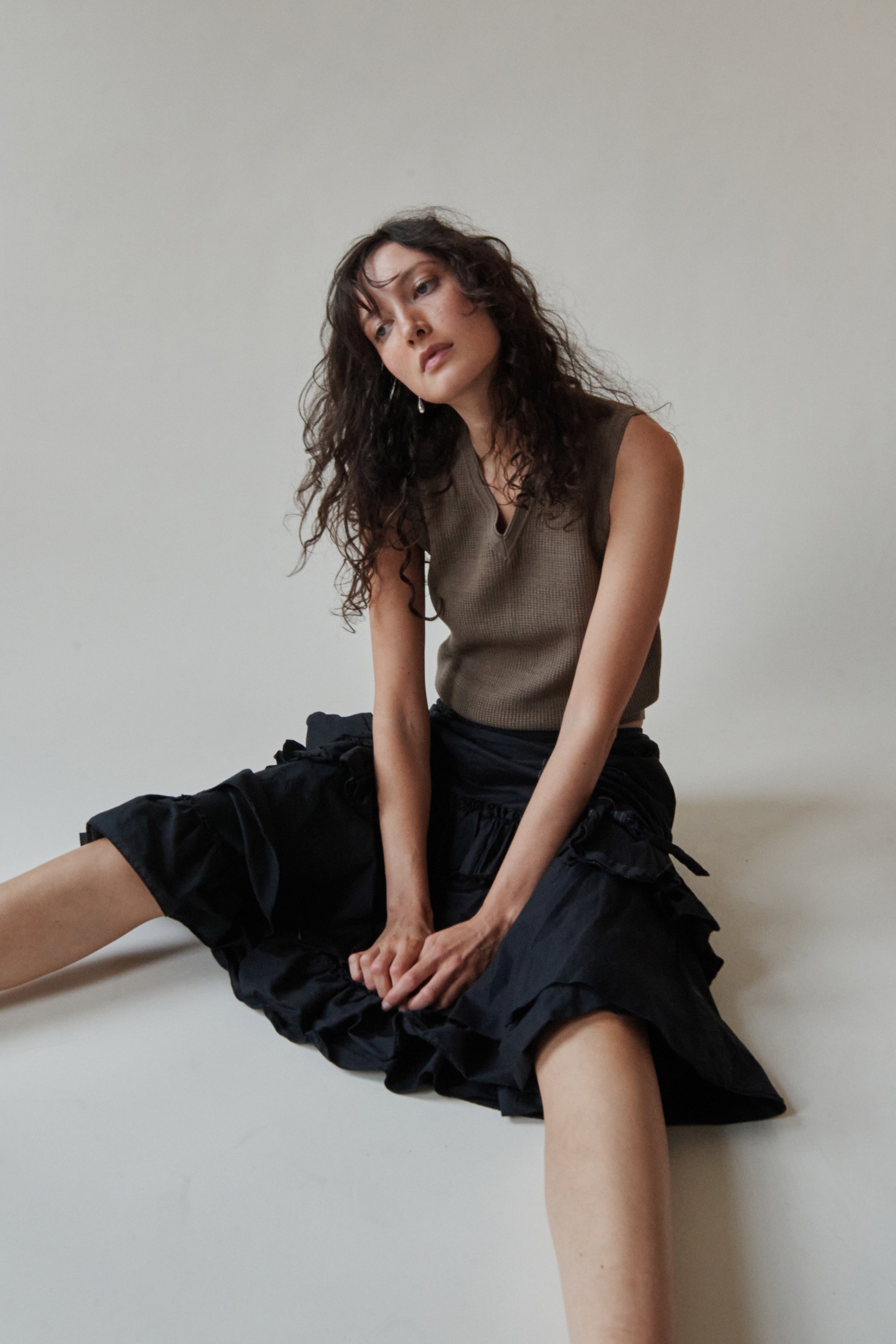 Noir Ruched + Ruffled Midi Skirt