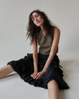 Noir Ruched + Ruffled Midi Skirt