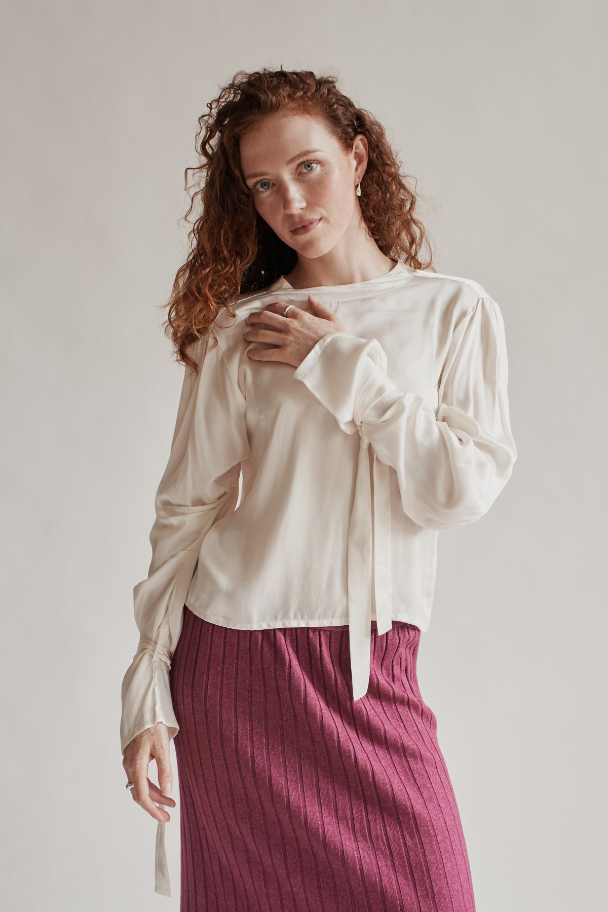 Ivory Draped Silk Tie Blouse