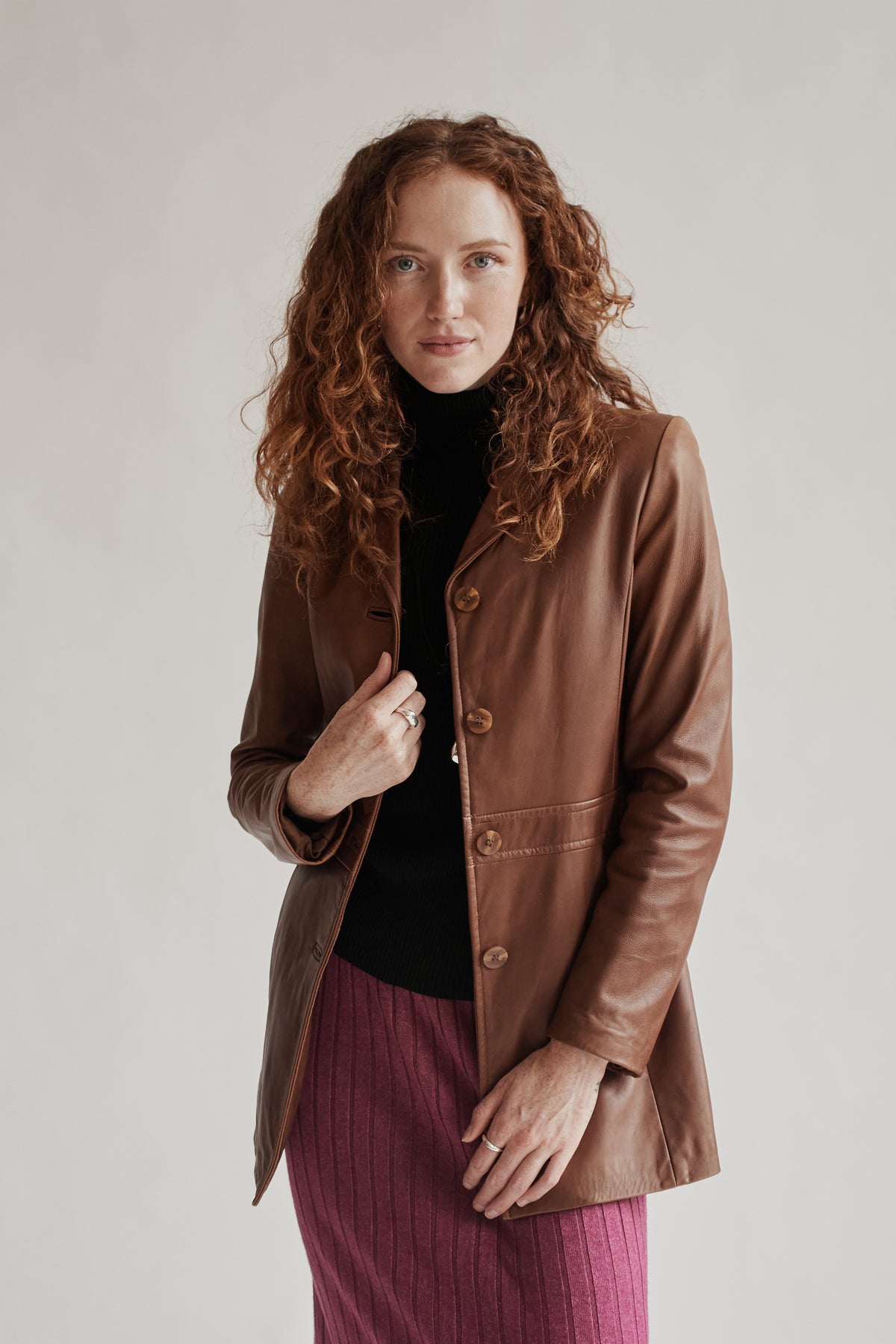 Cognac Leather Midi Jacket