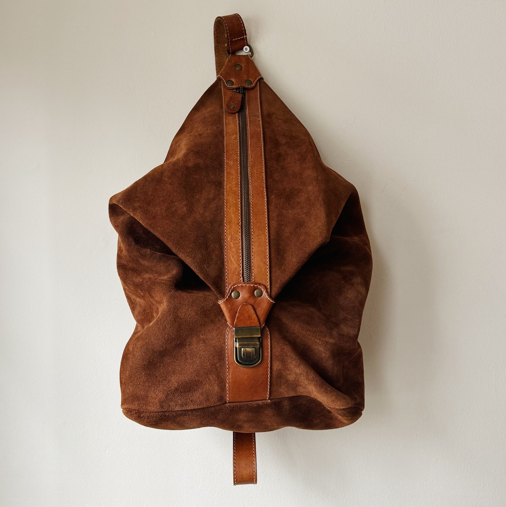 Cognac Suede Leather Sling Backpack - Hey Jude