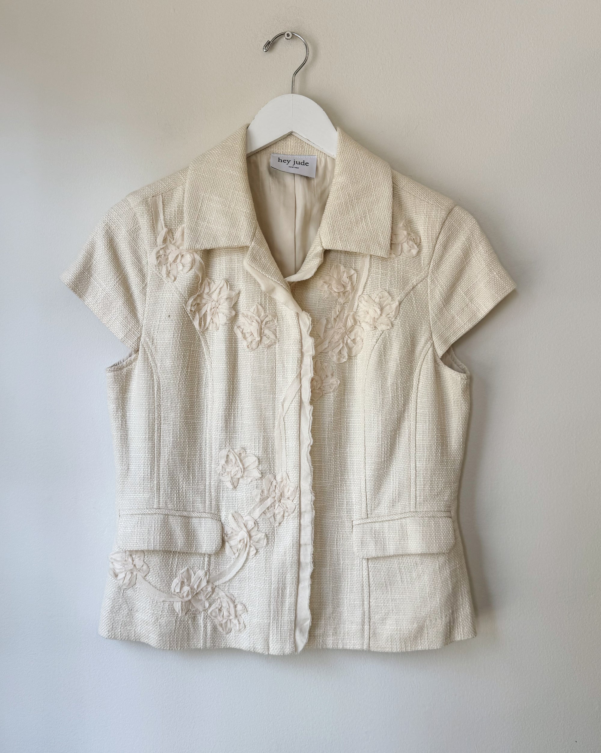 Cream Floral Applique Short Sleeve Jacket - Hey Jude