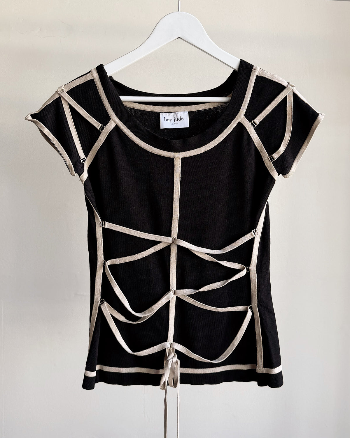 Black Short Sleeve Knit with Cream Piping