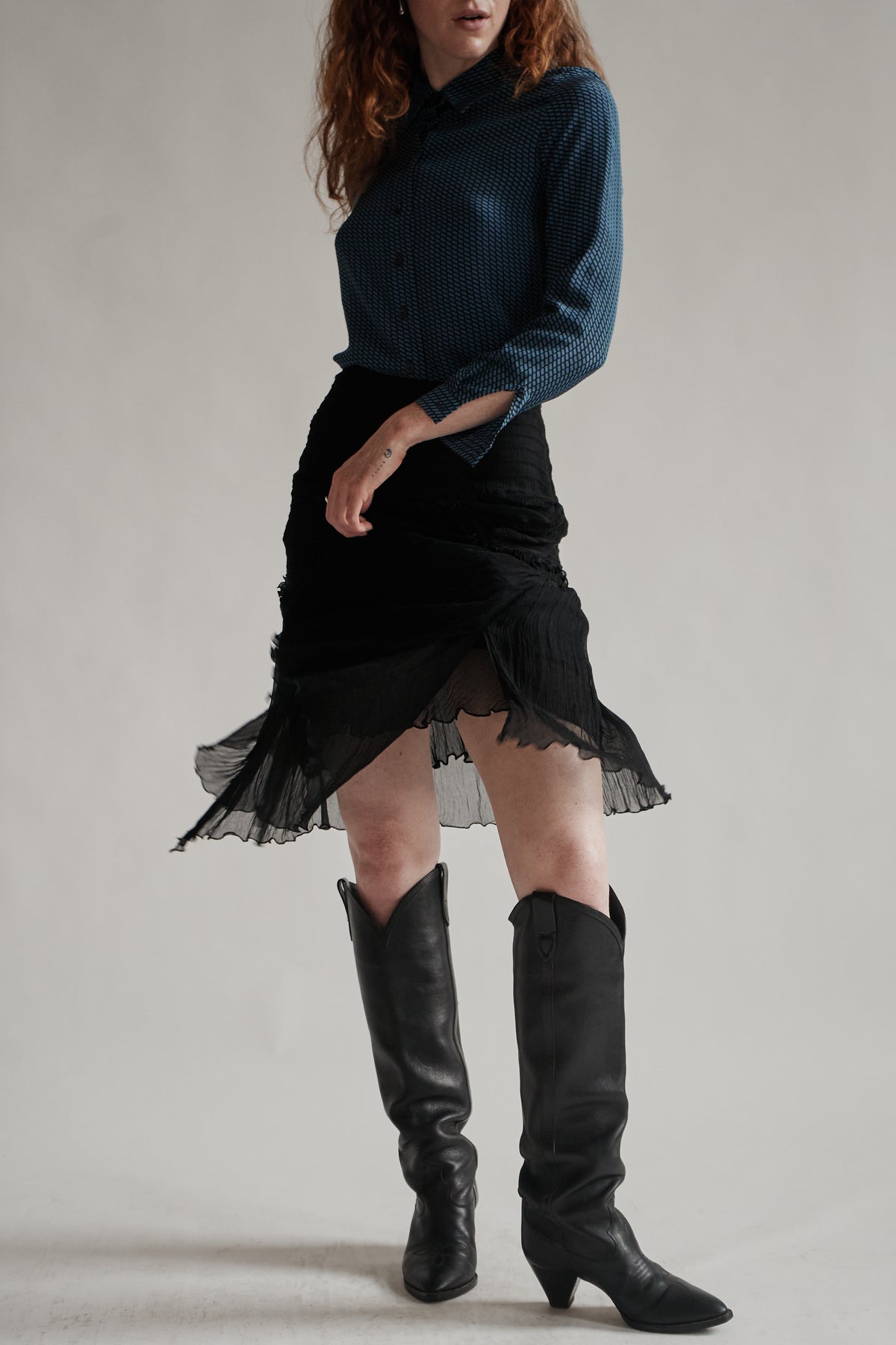 Ink Silk Sheer Plisse Midi Skirt