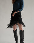 Ink Silk Sheer Plisse Midi Skirt