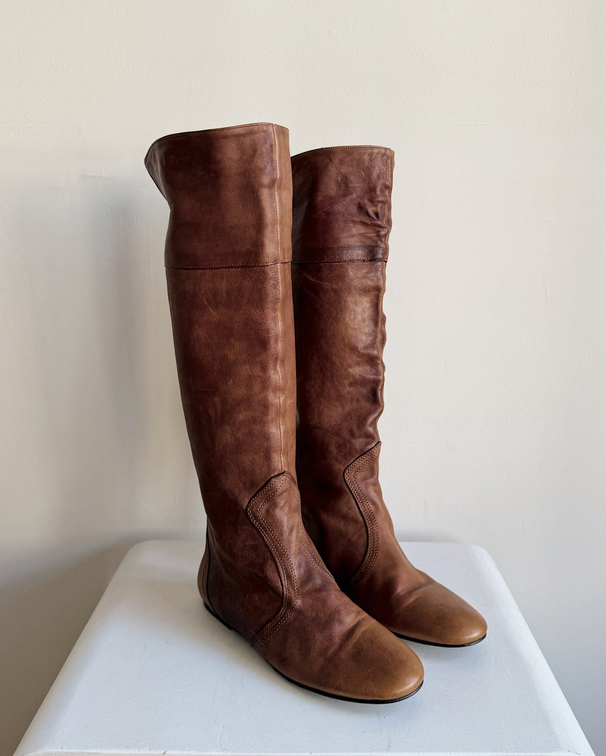 Cognac Leather Tall Flat Boots | Size 39