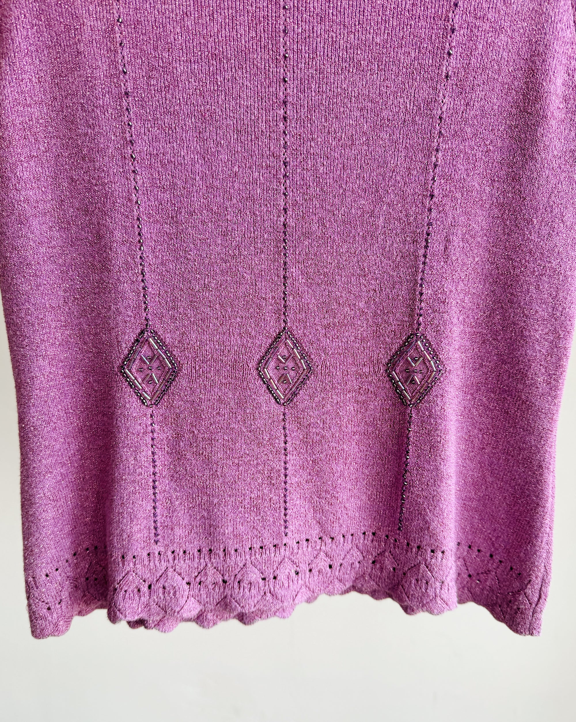 Fuchsia Pointelle Silk Knit Beaded Tee