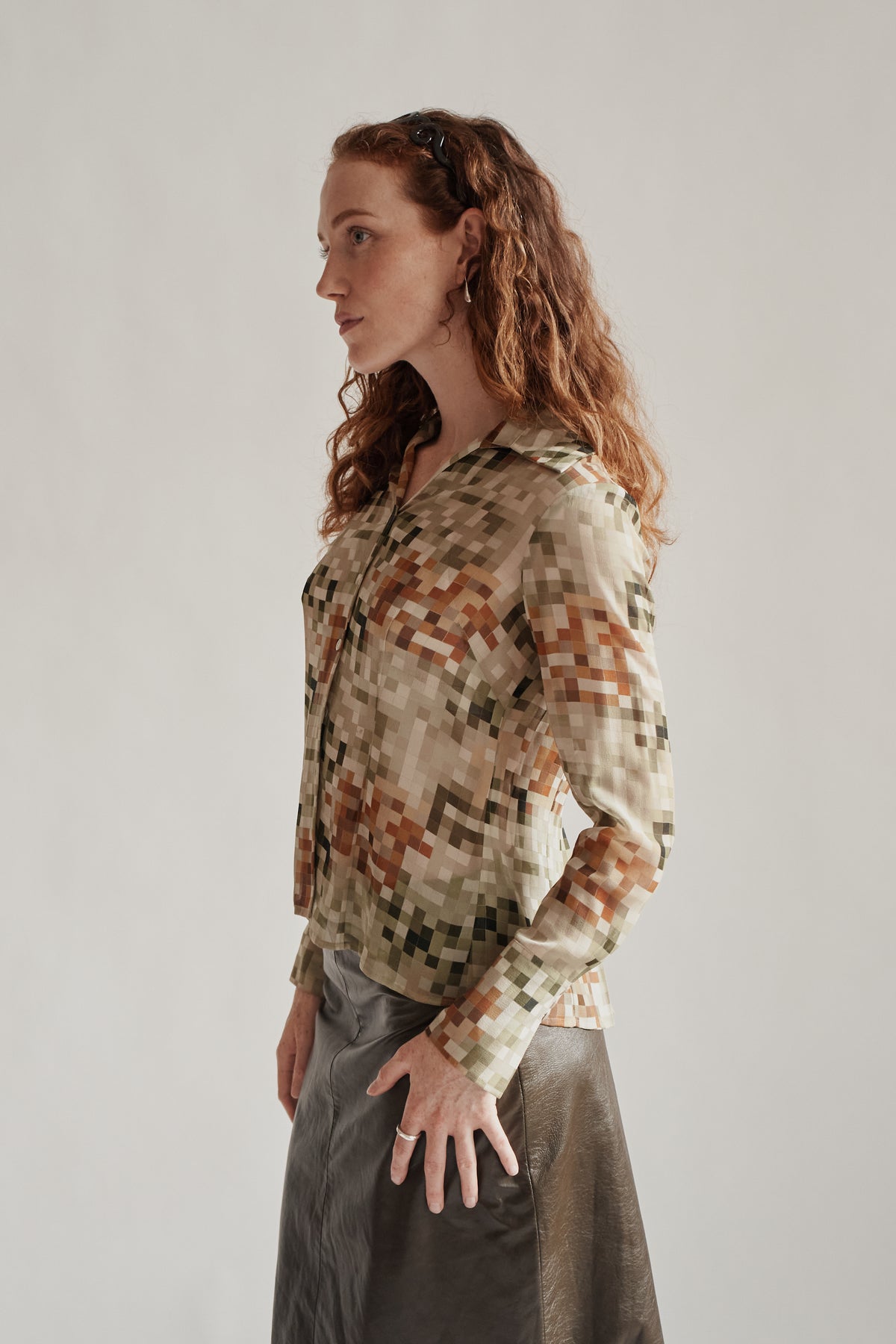 Clover Pixel Print Sheer Silk Blouse