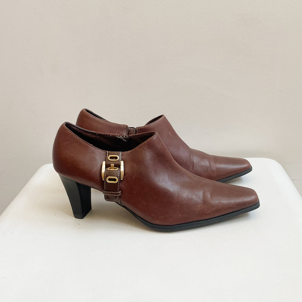 Umber Belted Leather Ankle Boots | size 8.5