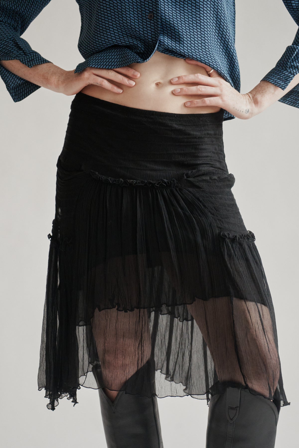 Ink Silk Sheer Plisse Midi Skirt