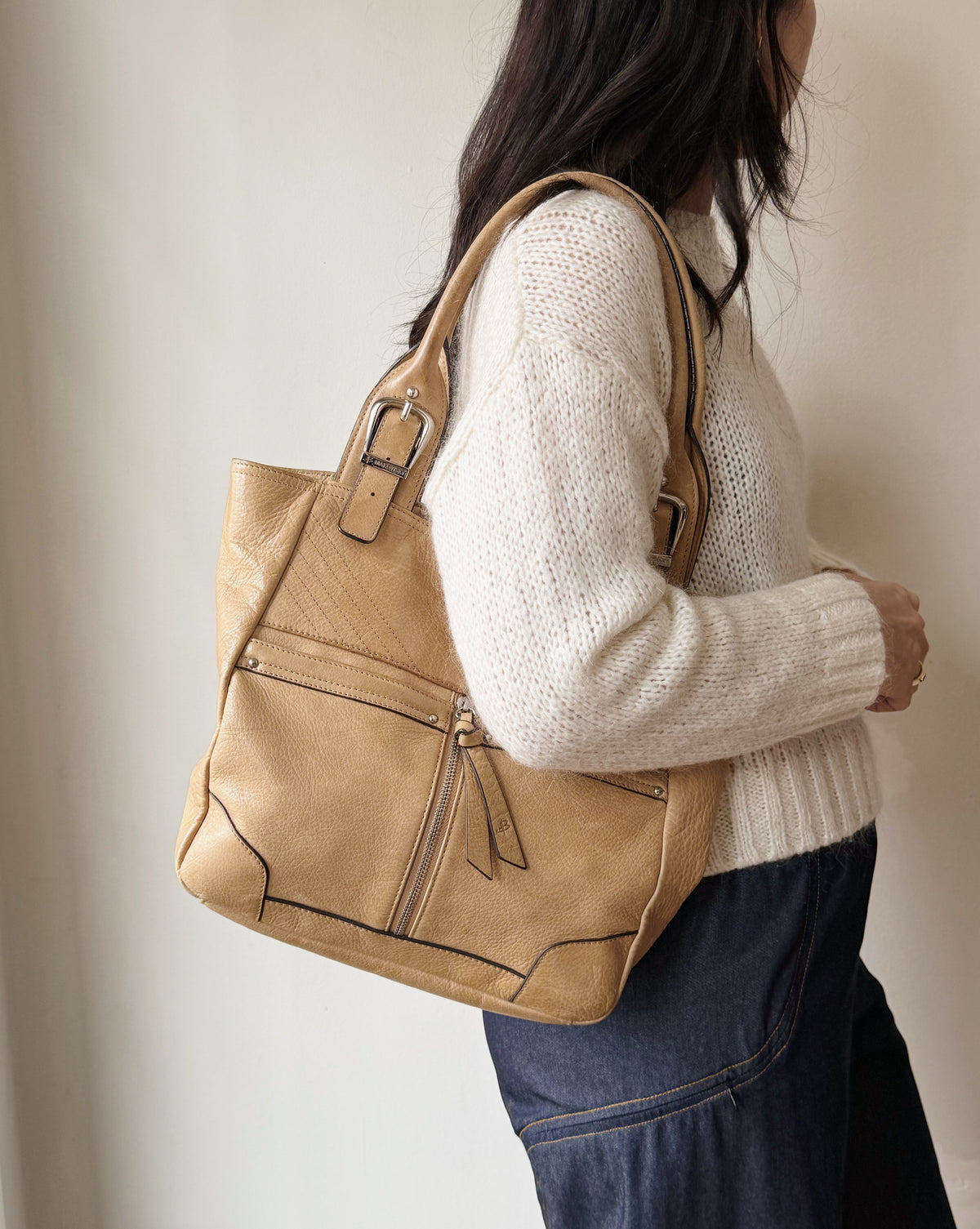 Tan Structured Leather Shoulder Bag