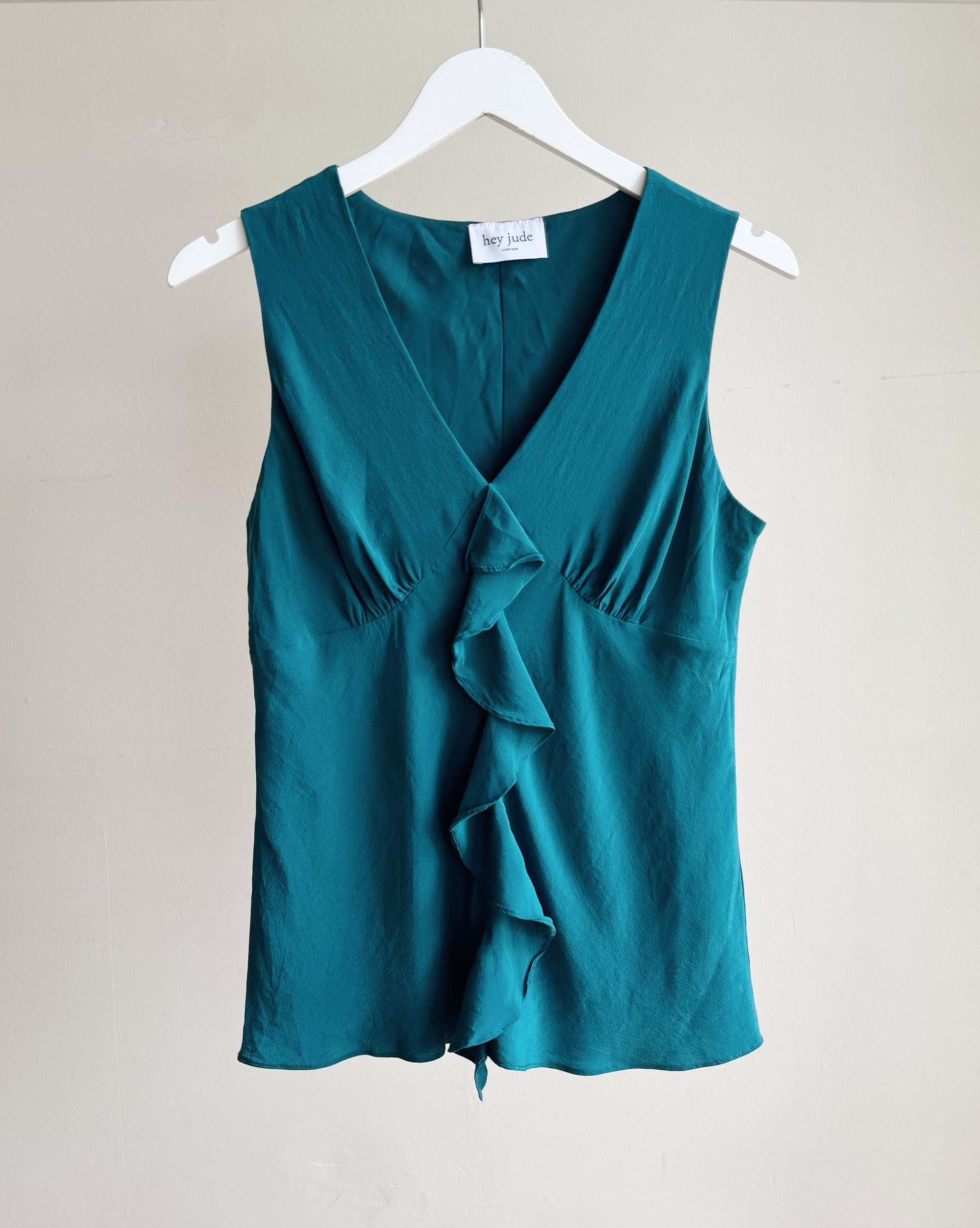 Teal Silk Ruffle Tank