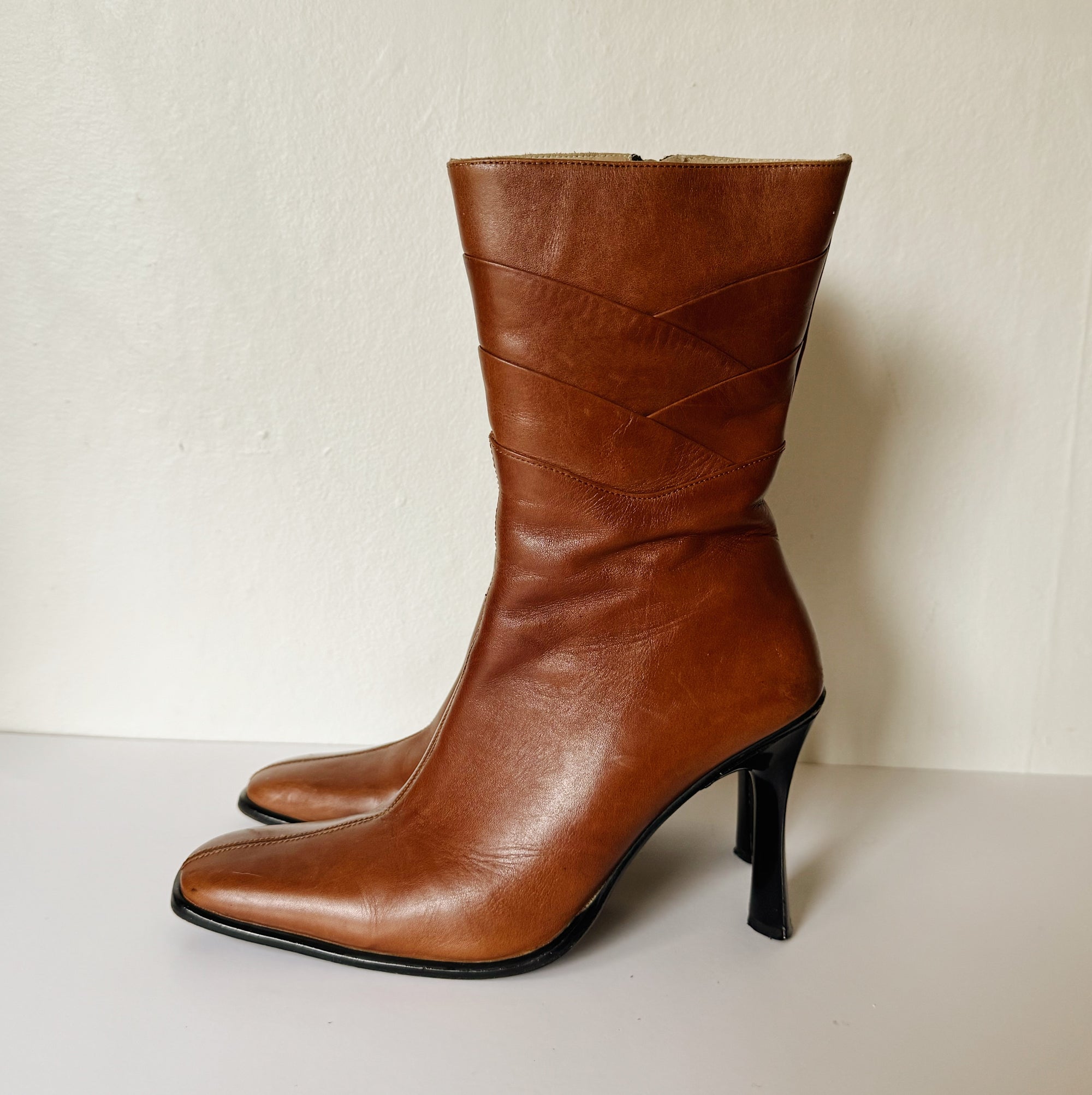 Tobacco Leather Heeled Mid-Calf Boots | Size 38 - Hey Jude