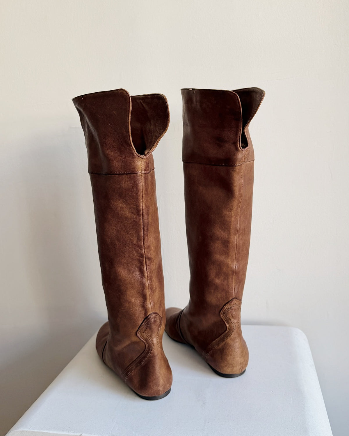 Cognac Leather Tall Flat Boots | Size 39