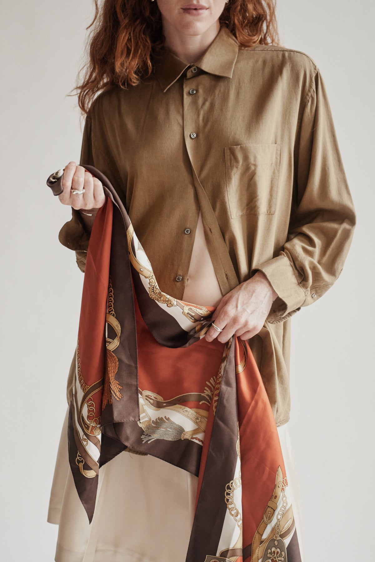 Orange + Brown Equestrain Print Silk Scarf