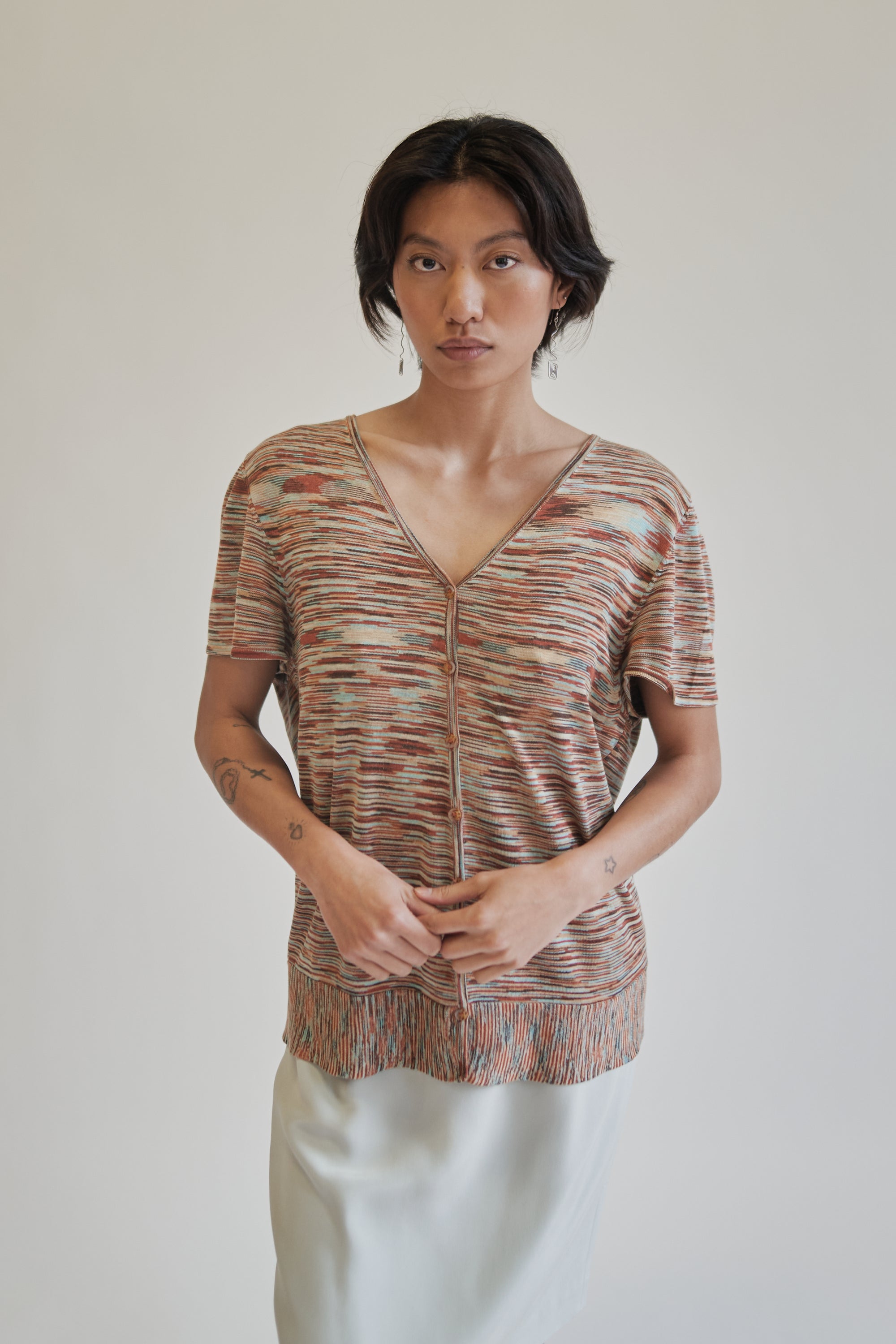 Red Marled Silk Knit Button Tee - Hey Jude
