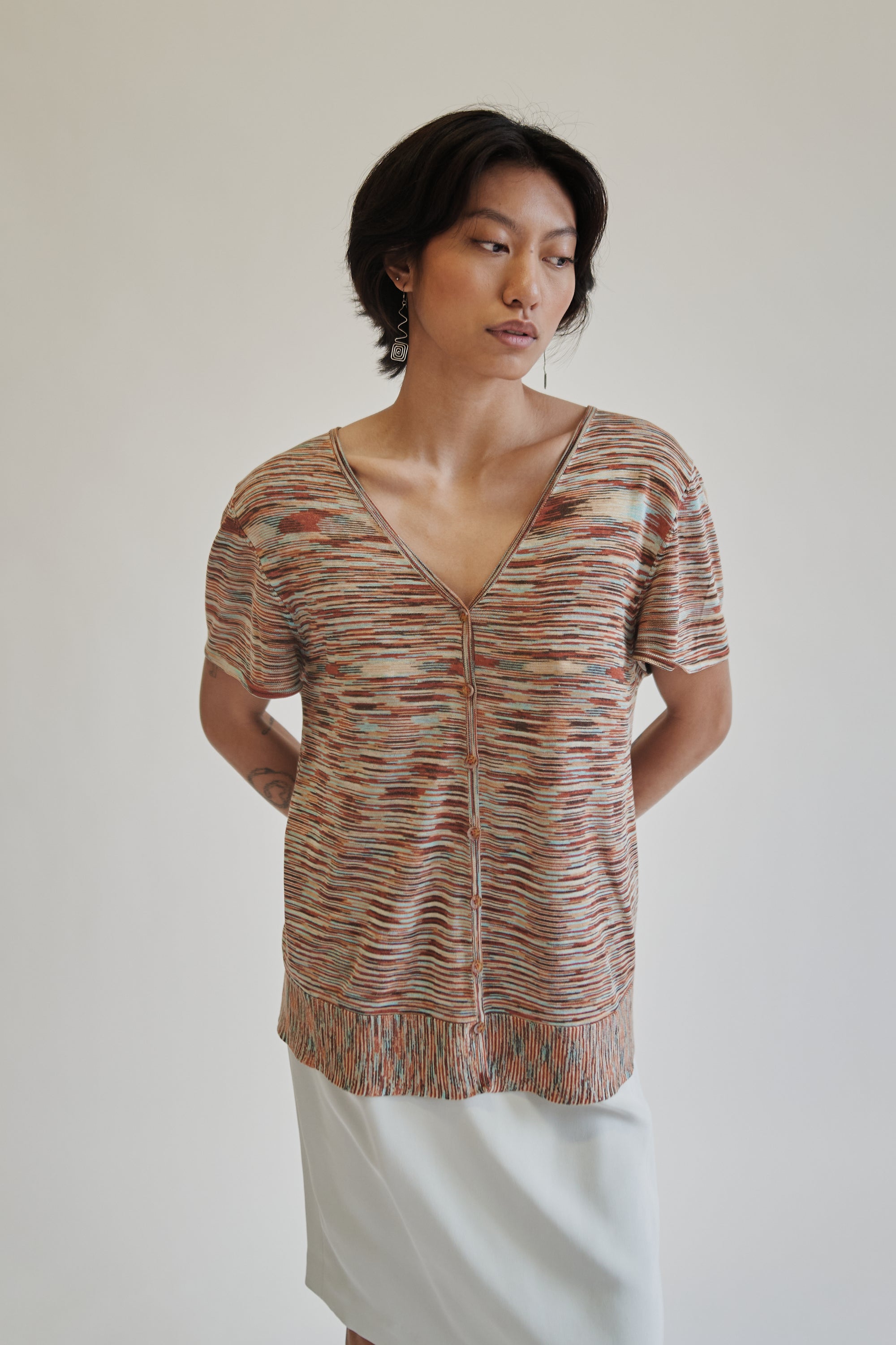 Red Marled Silk Knit Button Tee - Hey Jude