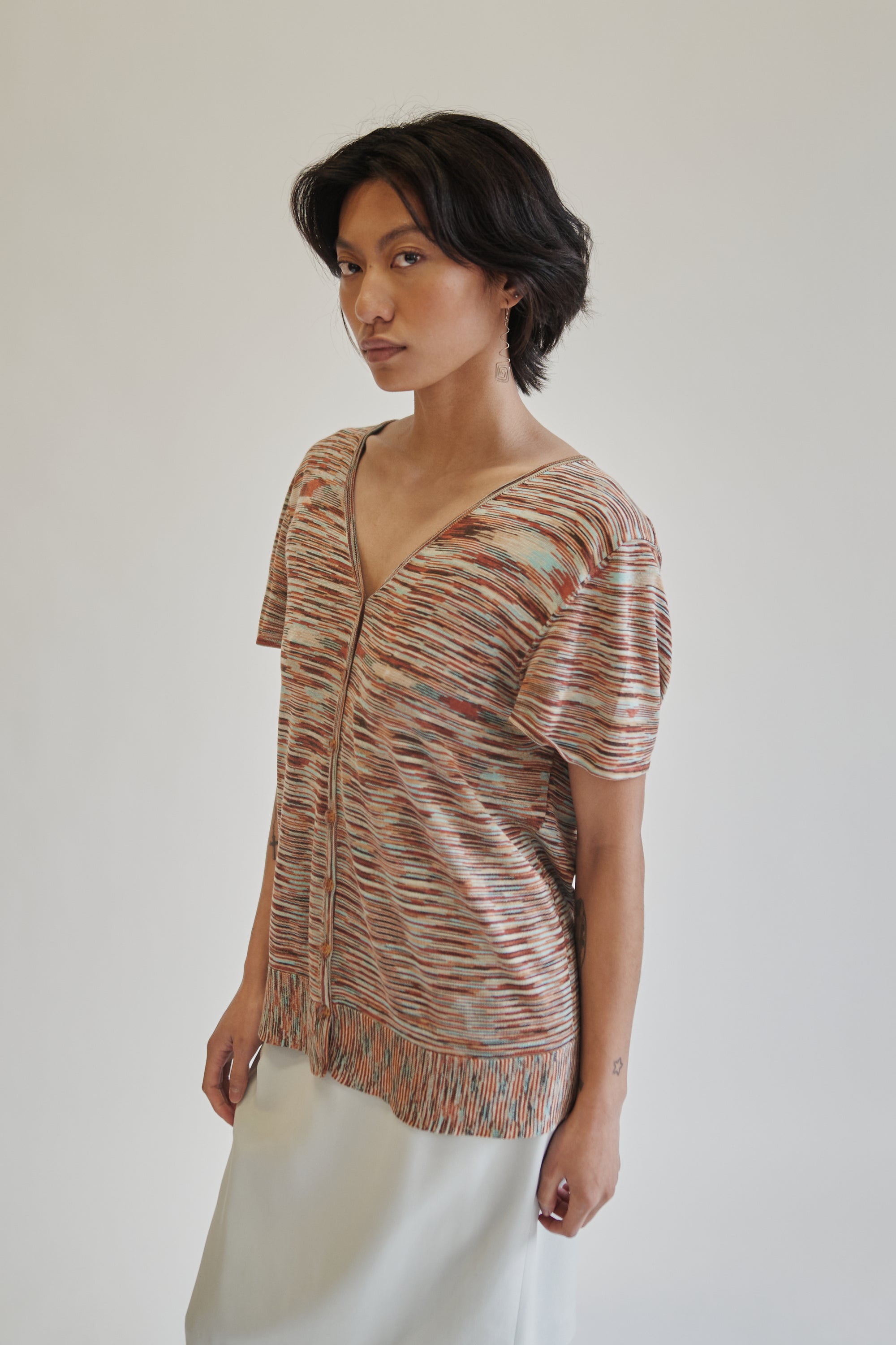 Red Marled Silk Knit Button Tee - Hey Jude