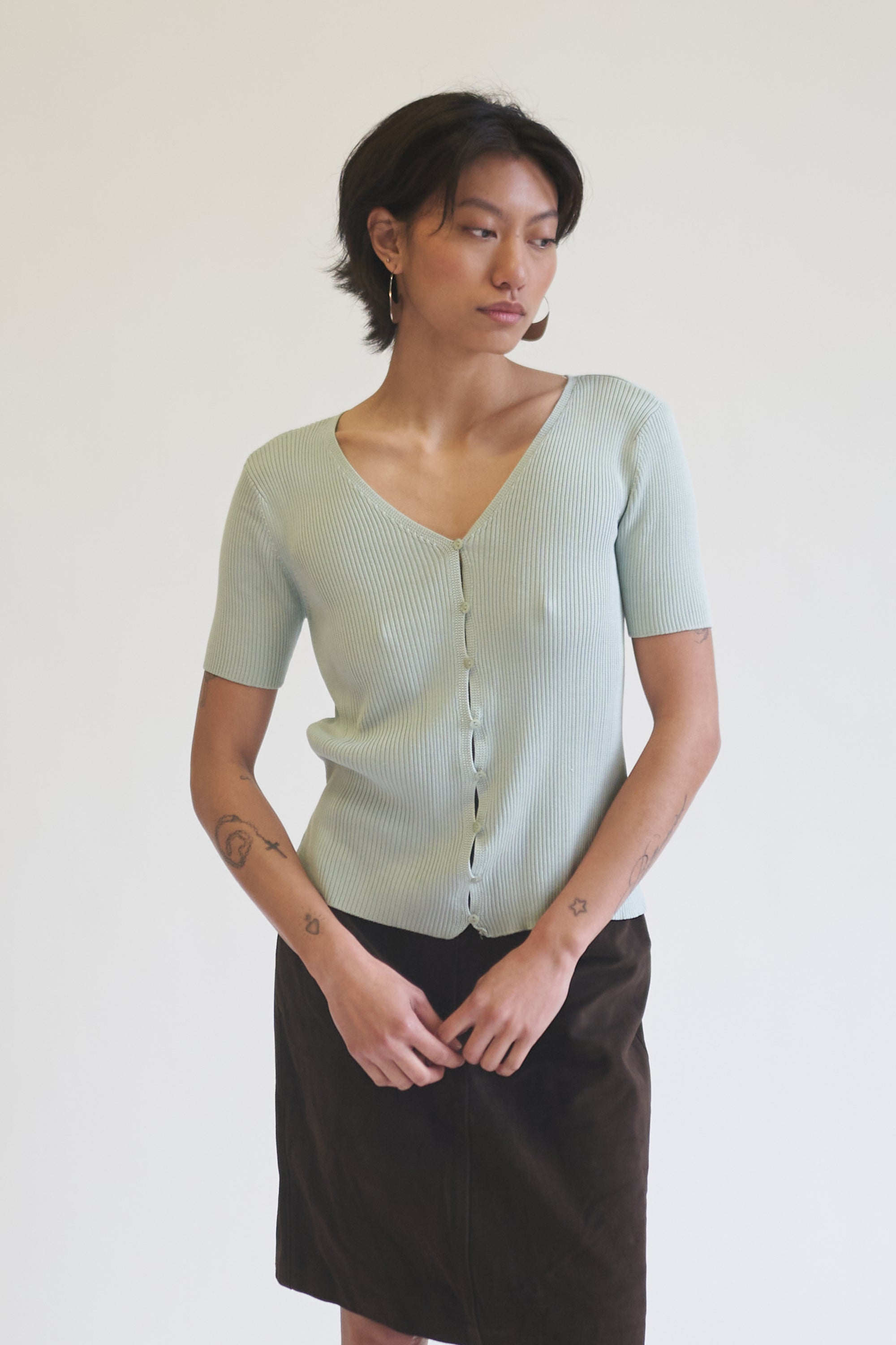 Celeste Silk Ribbed Button Knit Tee - Hey Jude