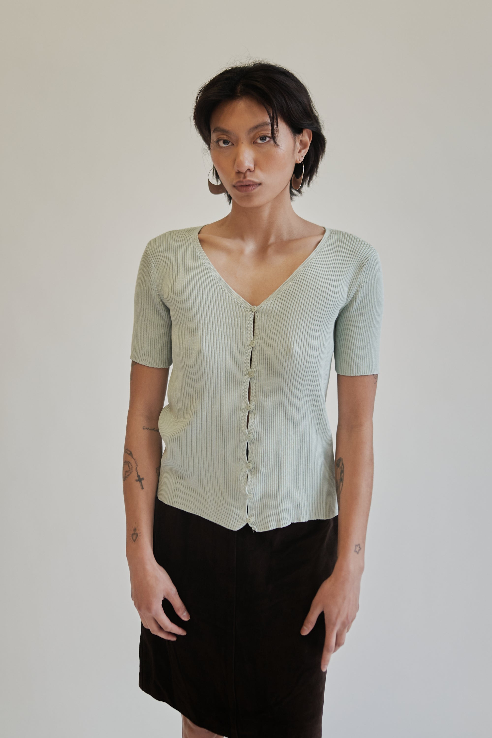 Celeste Silk Ribbed Button Knit Tee - Hey Jude