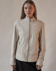 Cream Zip Up Leather Moto Jacket
