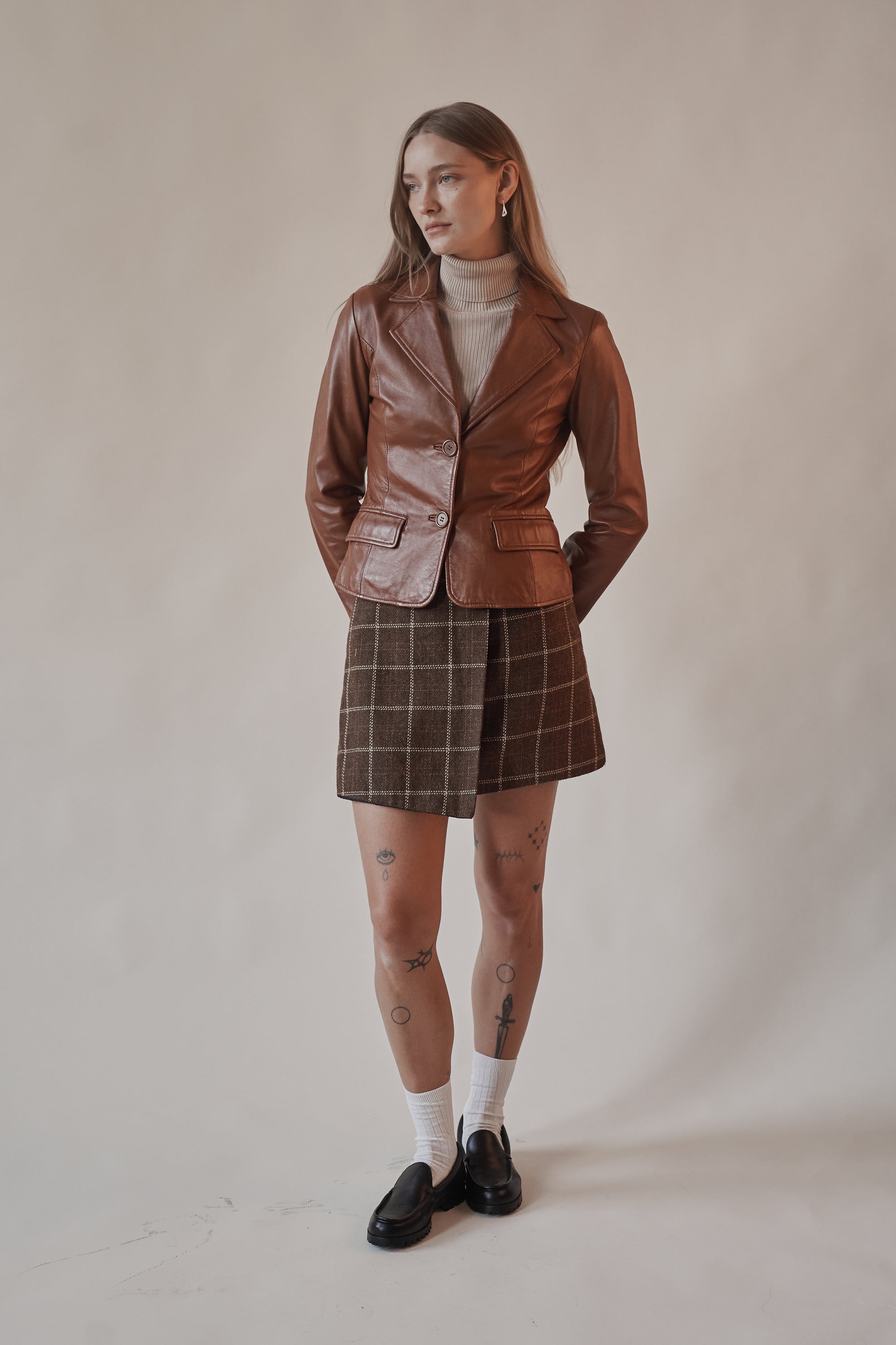 Cognac Leather Blazer Jacket