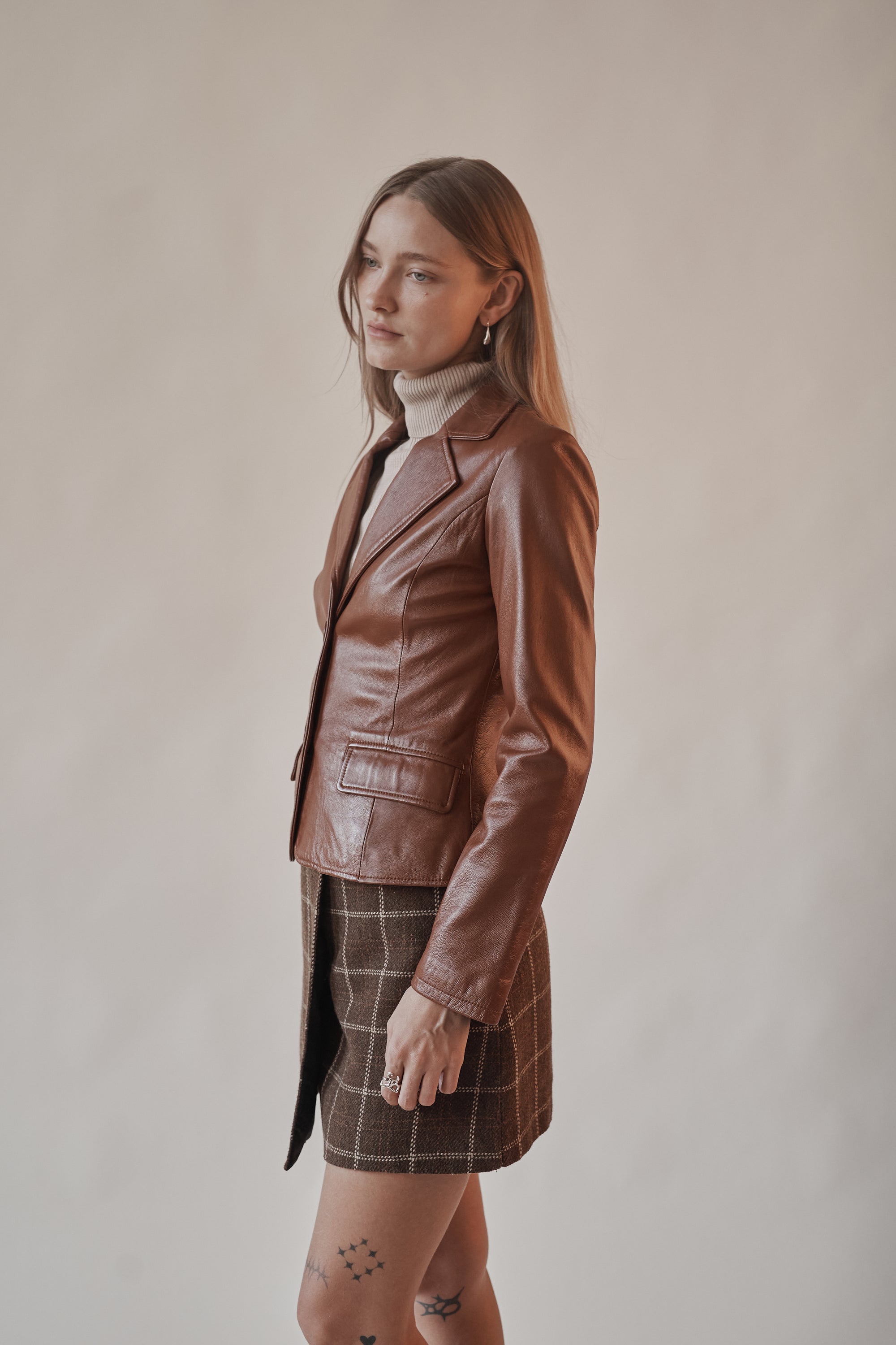 Cognac Leather Blazer Jacket