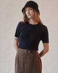 Navy Ribbed Knit Silk Tee