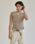 Ribbed Silk Taupe V-Neck Tee