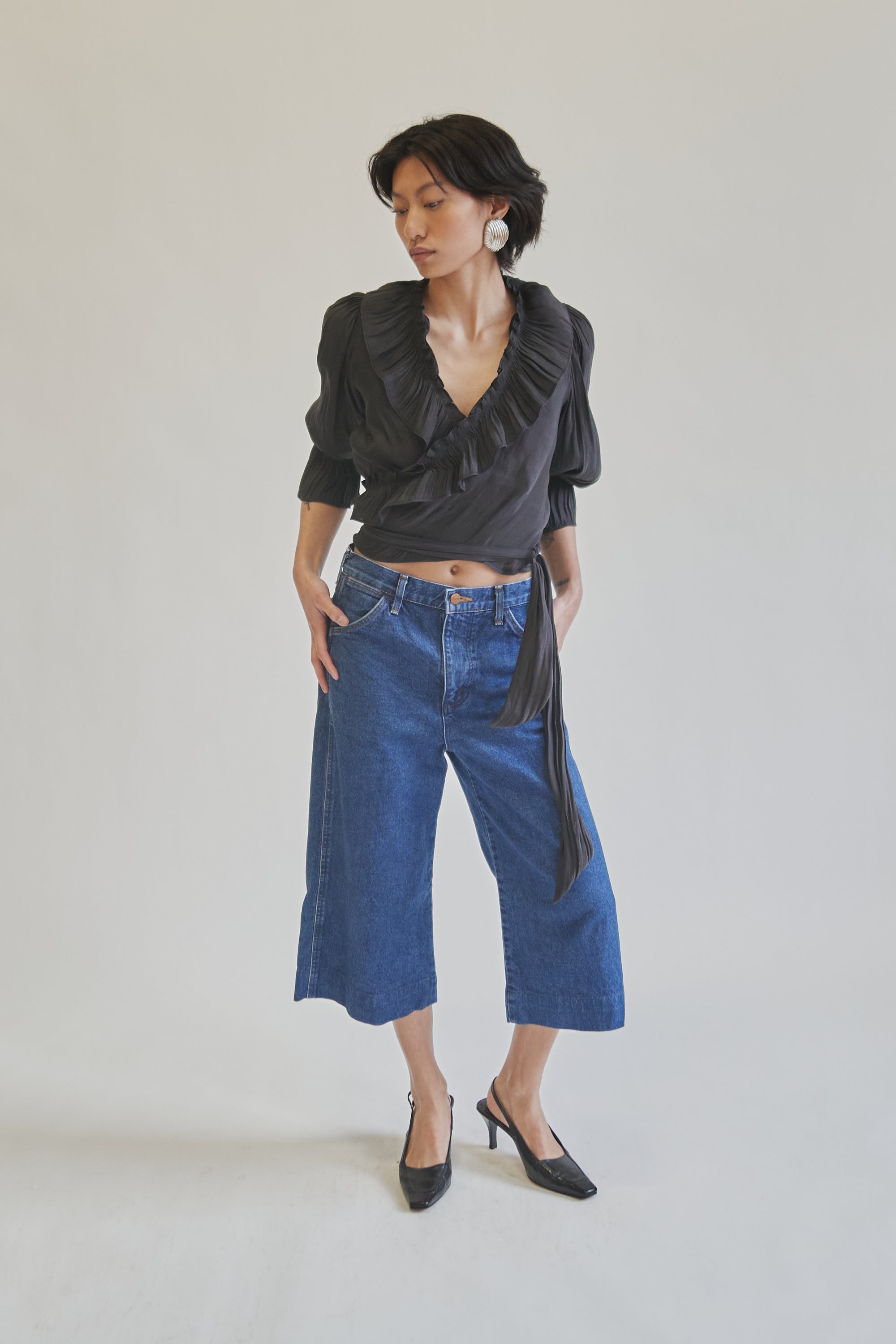 Charcoal Ruffle Wrap Blouse - Hey Jude