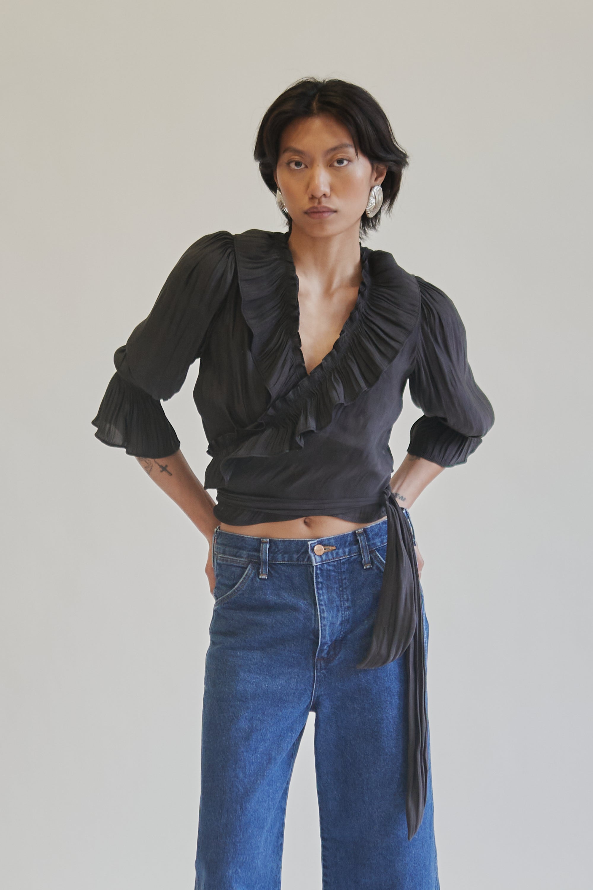 Charcoal Ruffle Wrap Blouse - Hey Jude