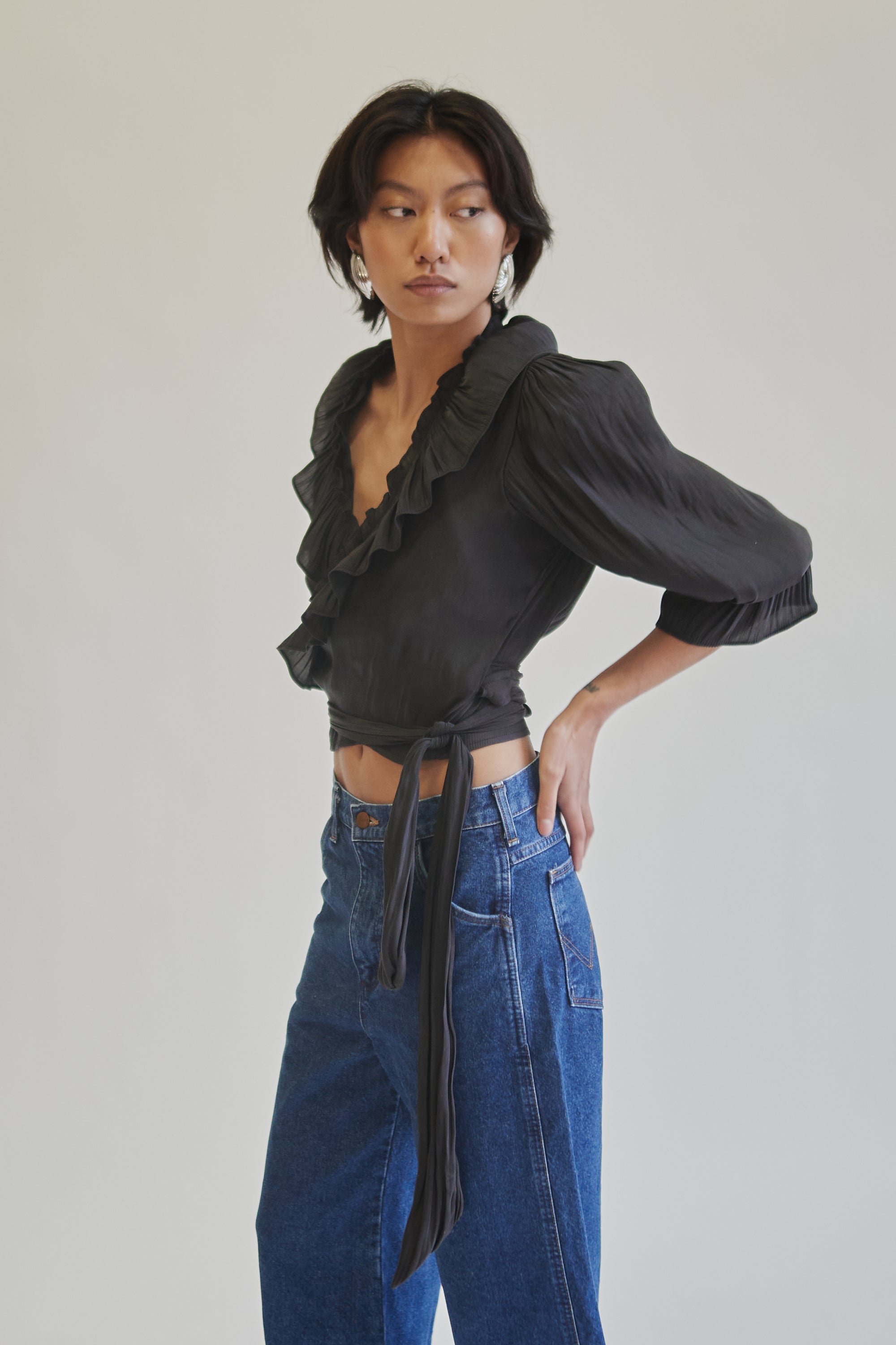 Charcoal Ruffle Wrap Blouse - Hey Jude