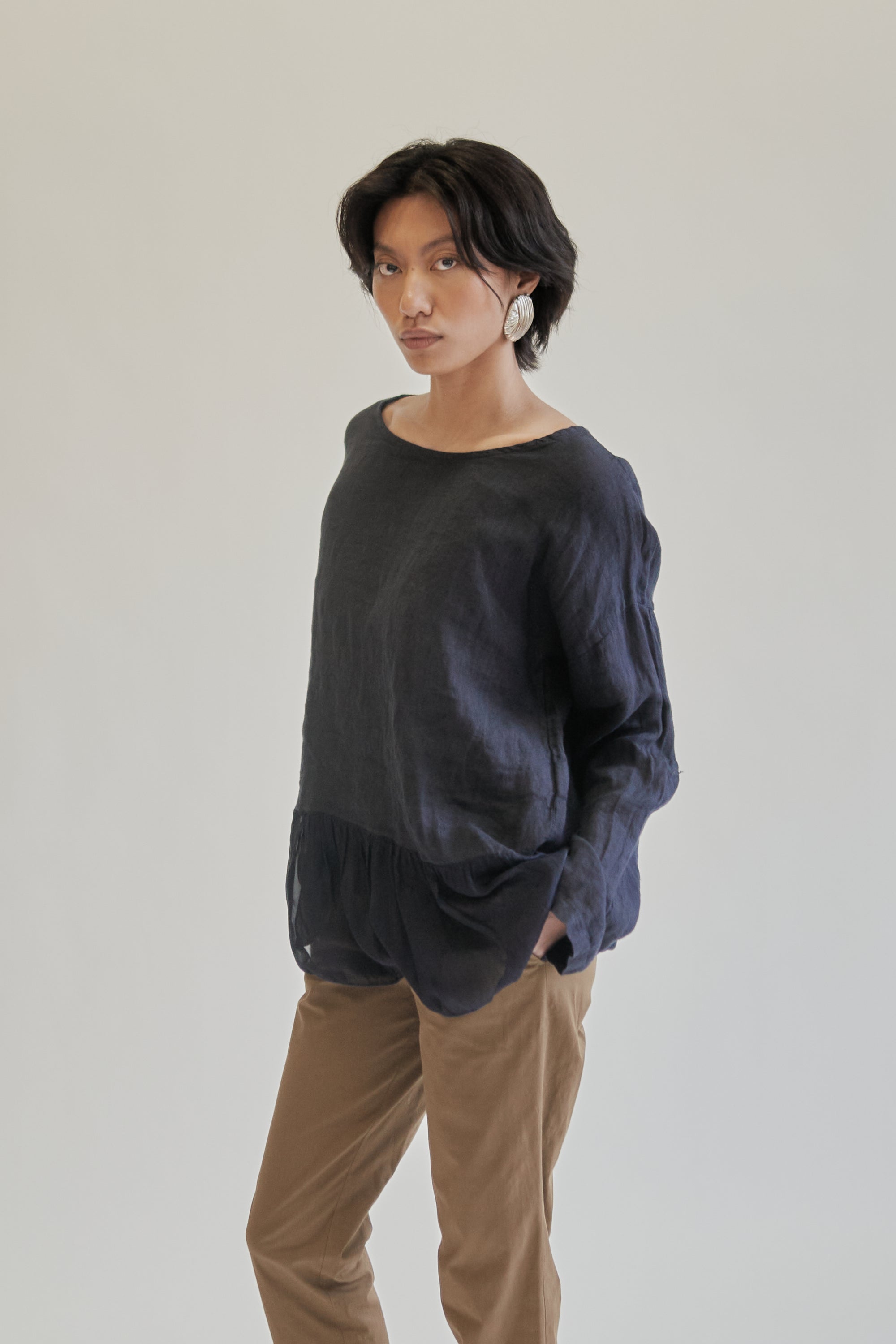Navy Linen + Silk Peplum Top - Hey Jude