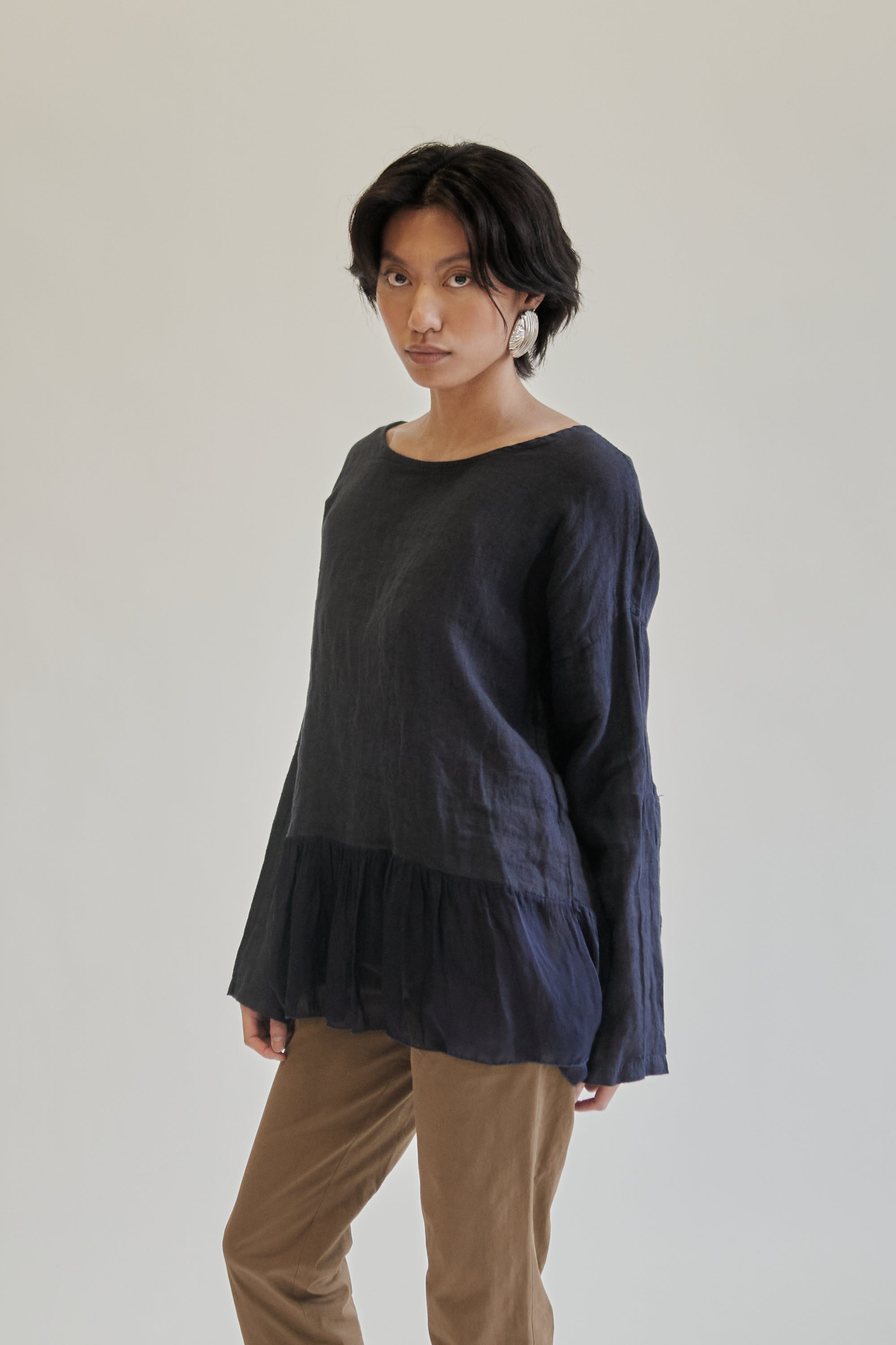 Navy Linen + Silk Peplum Top - Hey Jude