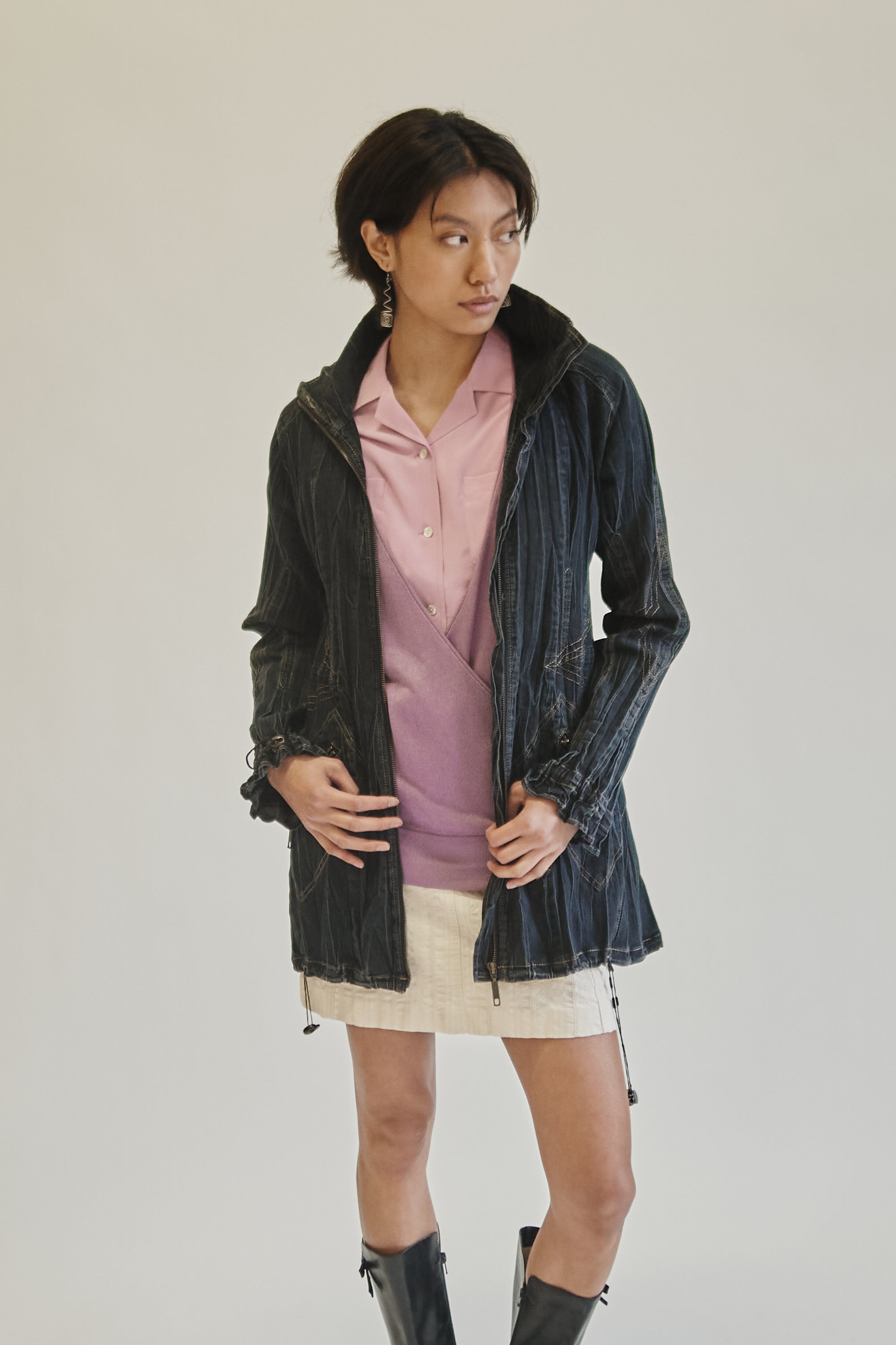 Denim Crepe Long Zip Jacket - Hey Jude