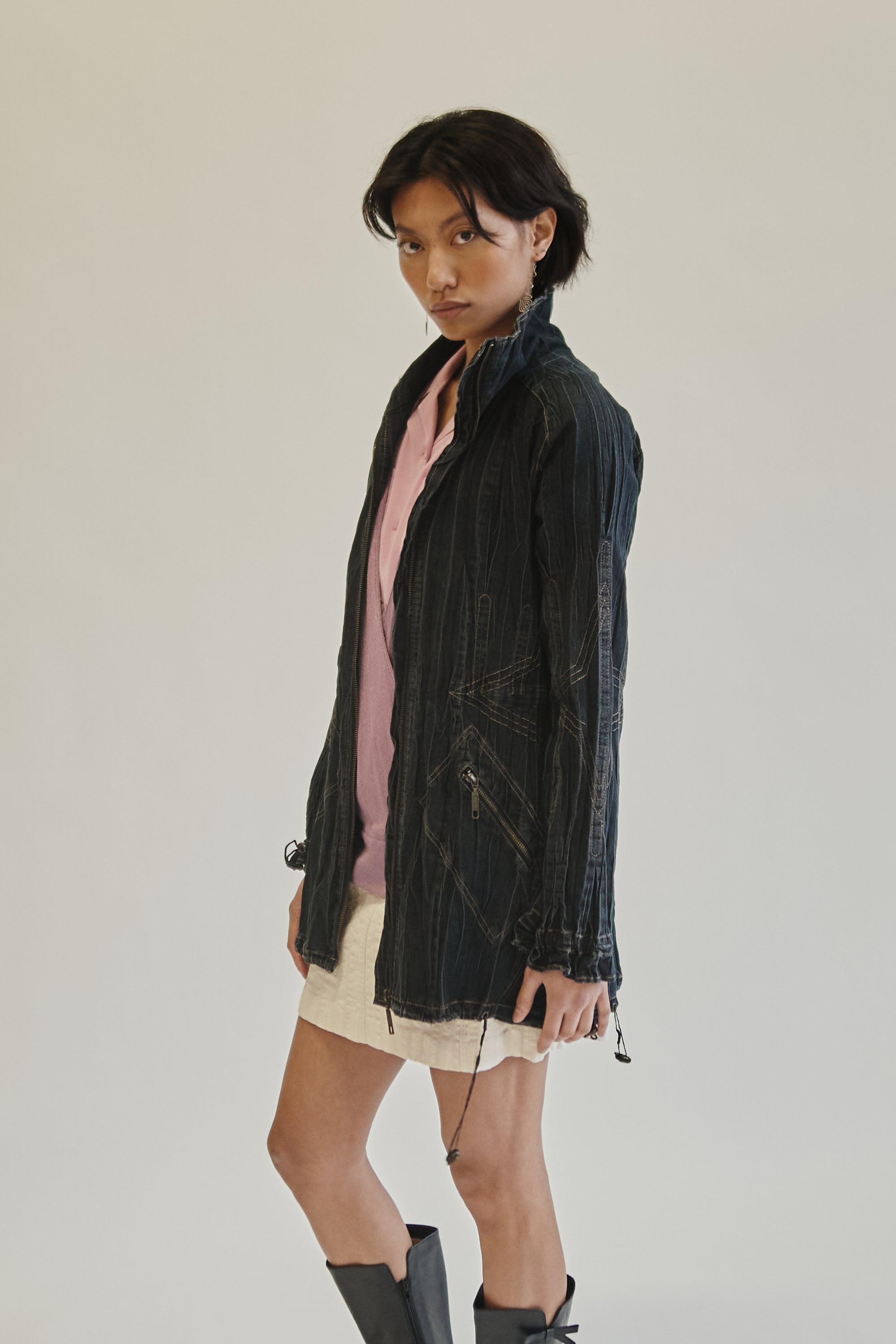 Denim Crepe Long Zip Jacket - Hey Jude