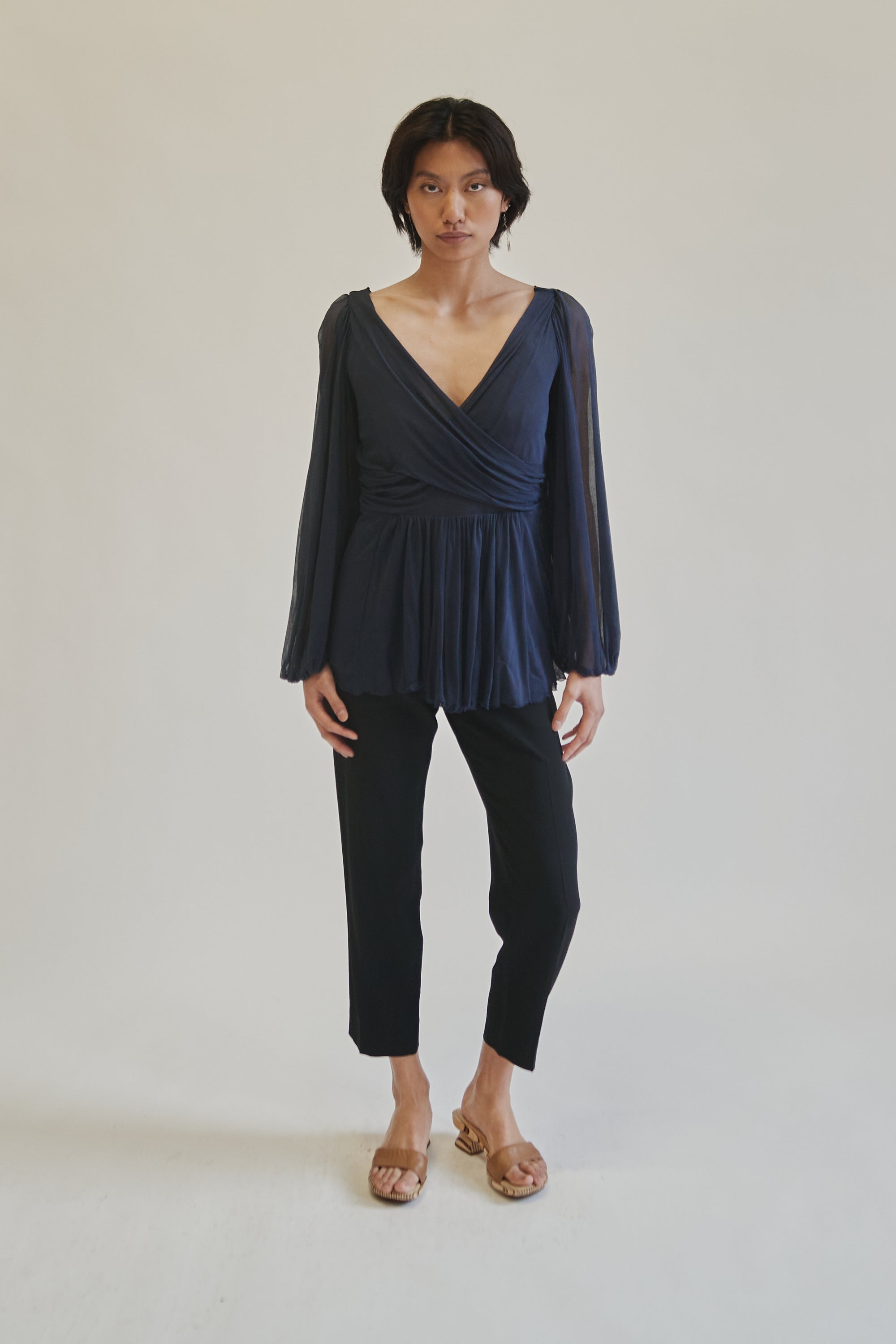 Slate Blue Draped Silk Blouse - Hey Jude
